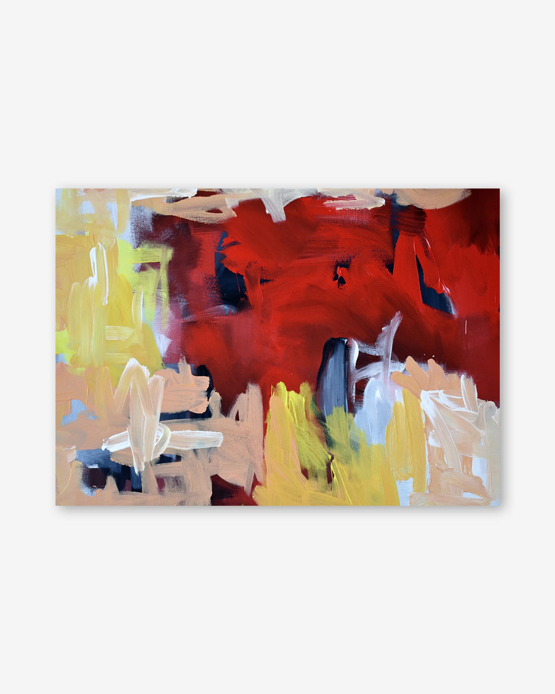 Abstract painting with red, yellow, and blue colors on a white background