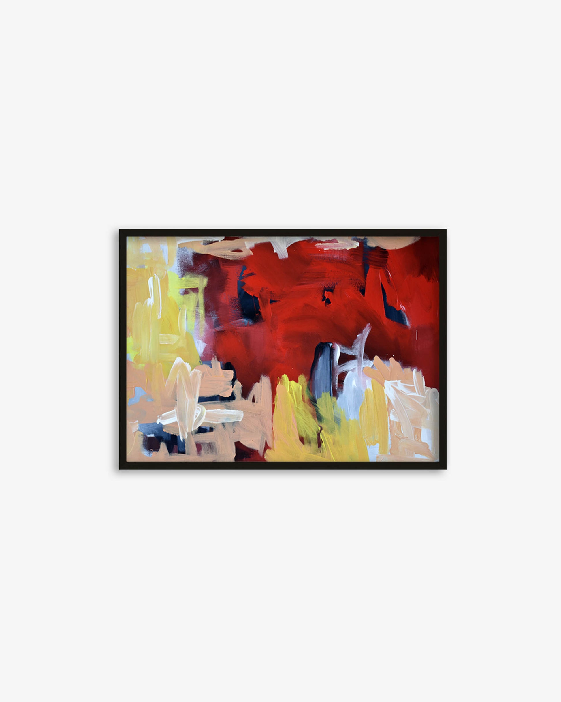 Framed abstract painting with vibrant colors on a white background