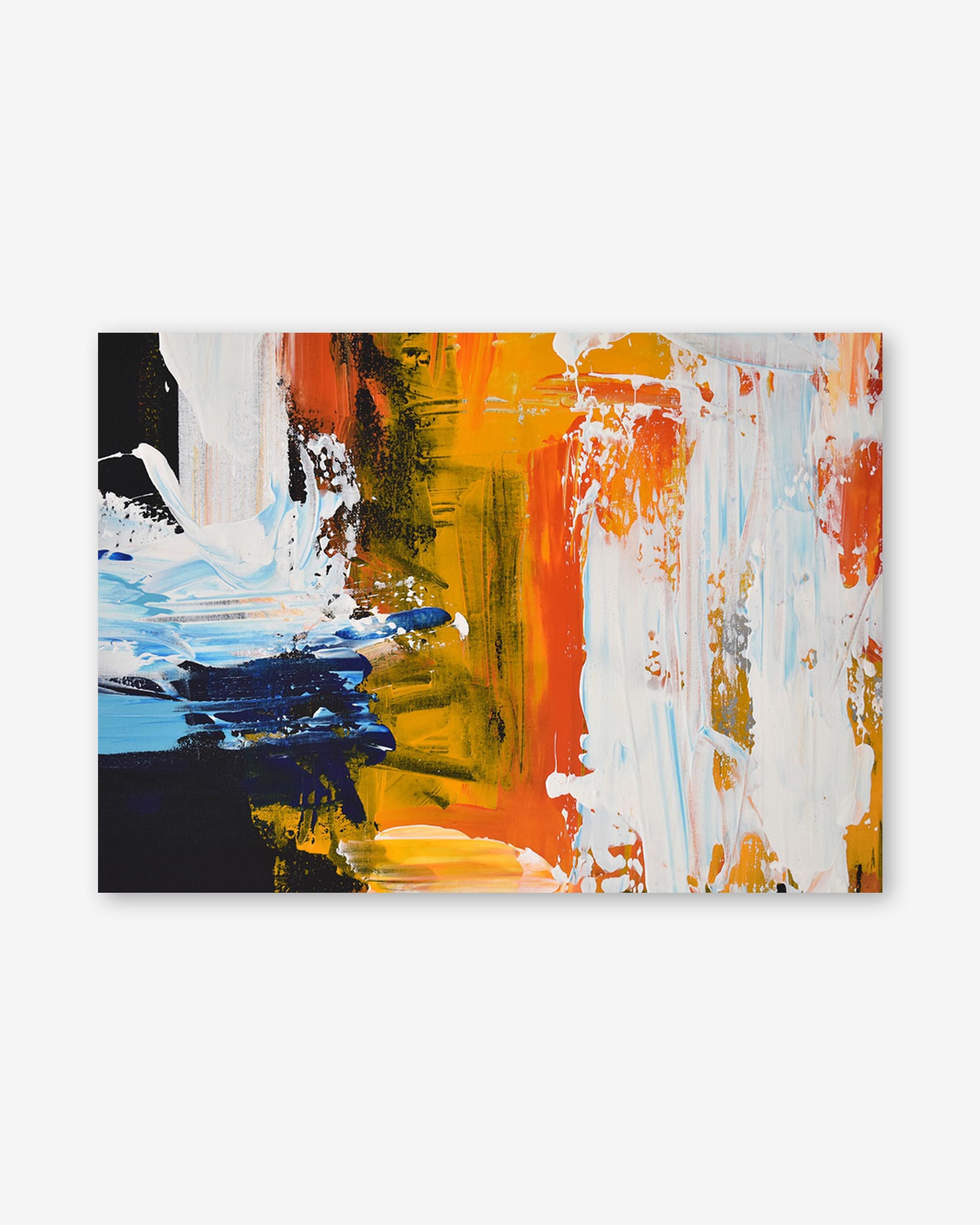 Abstract painting with orange, blue, and white strokes on a white background