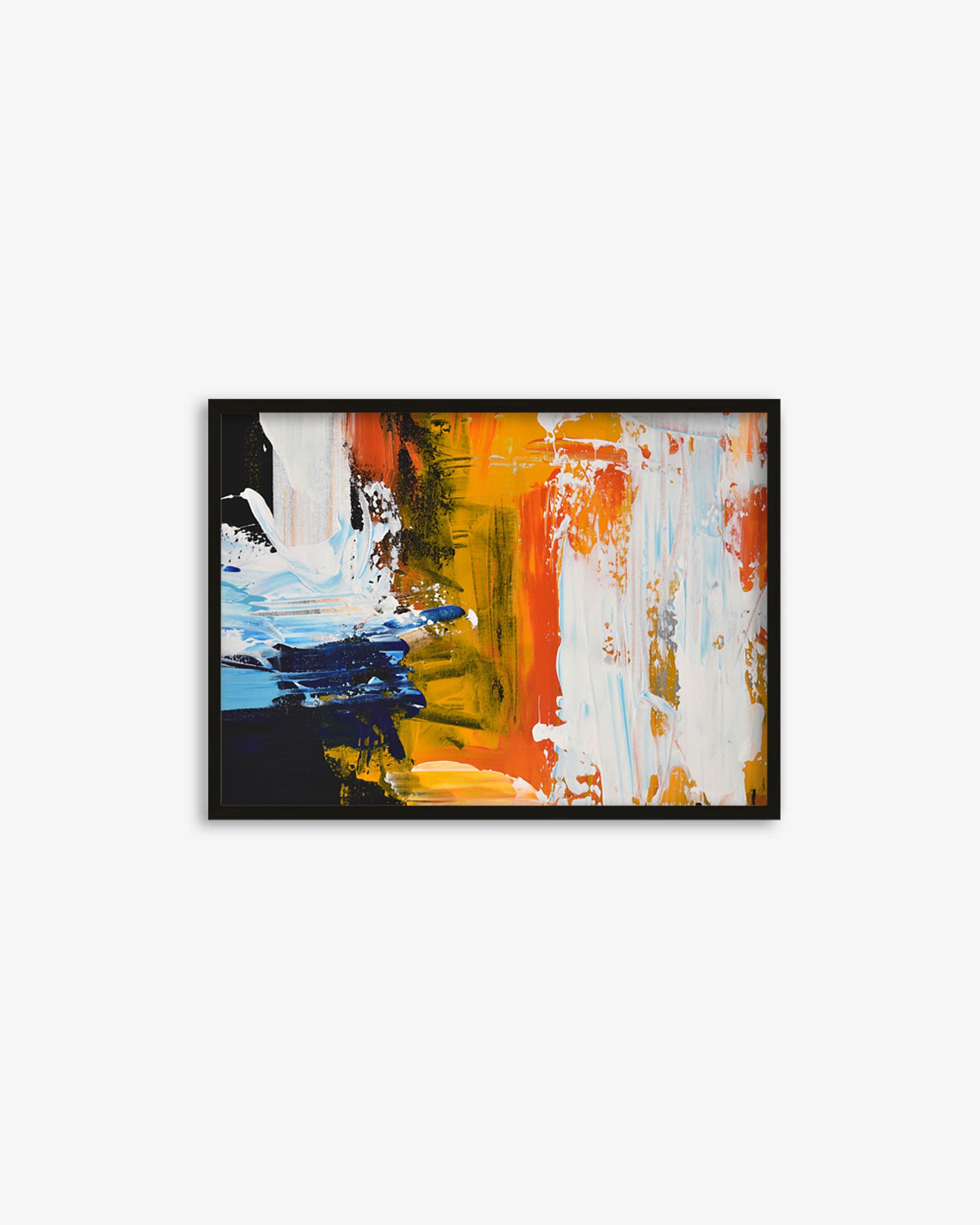 Framed abstract painting with orange, blue, and black colors on a white background