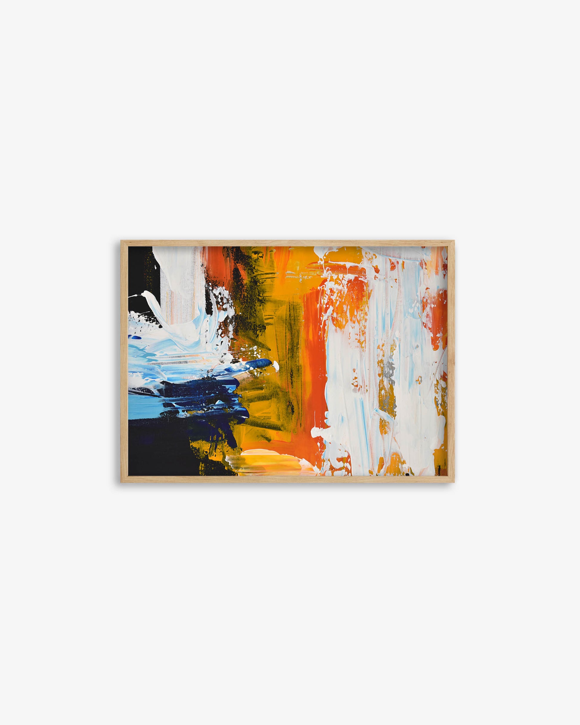 Framed abstract painting with bold colors on a white background