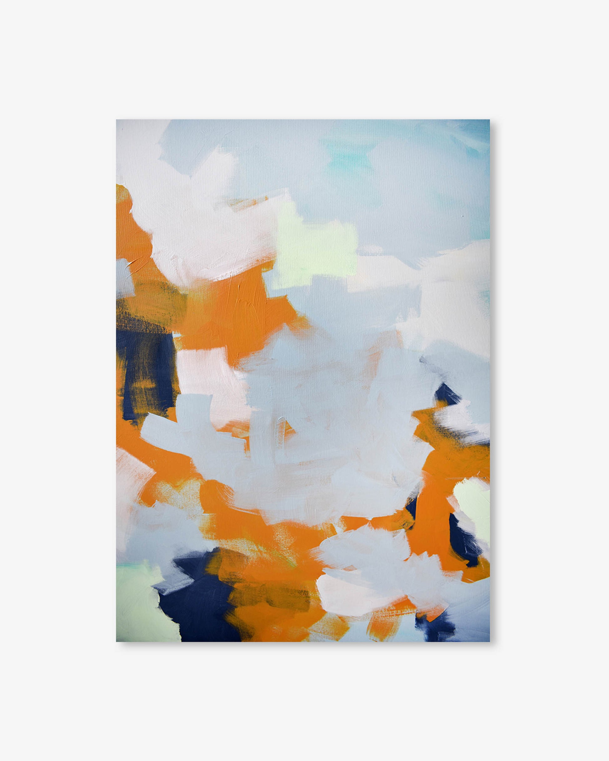 Abstract art print with orange, blue, and white colors on a light gray background
