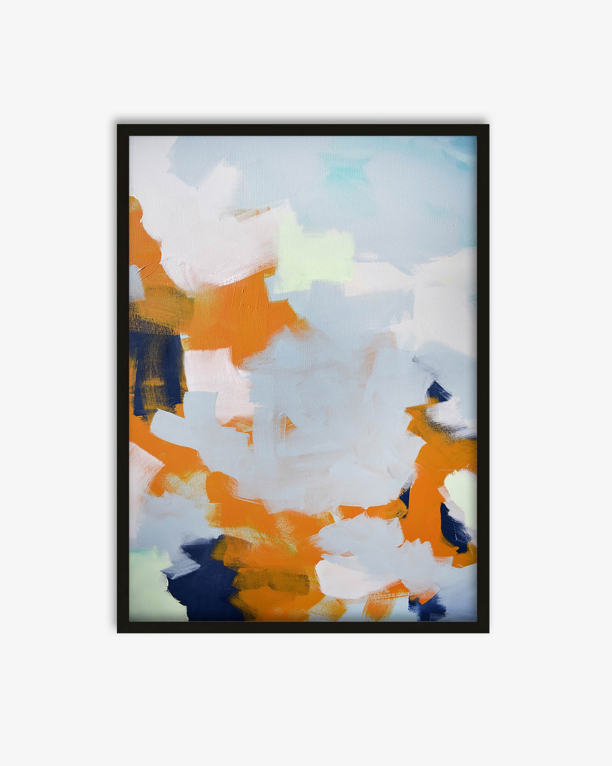 Framed abstract artwork with orange, blue, and white colors on a light blue background