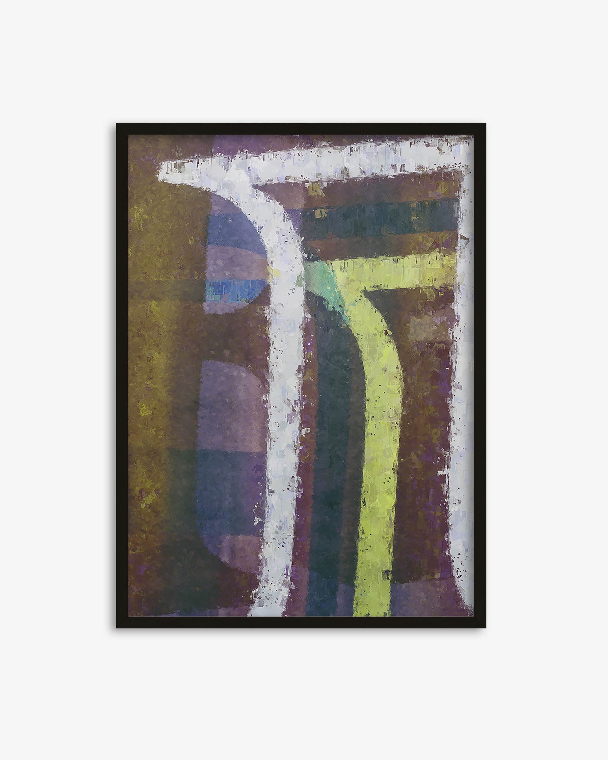 Framed abstract art with colorful geometric design on a white background