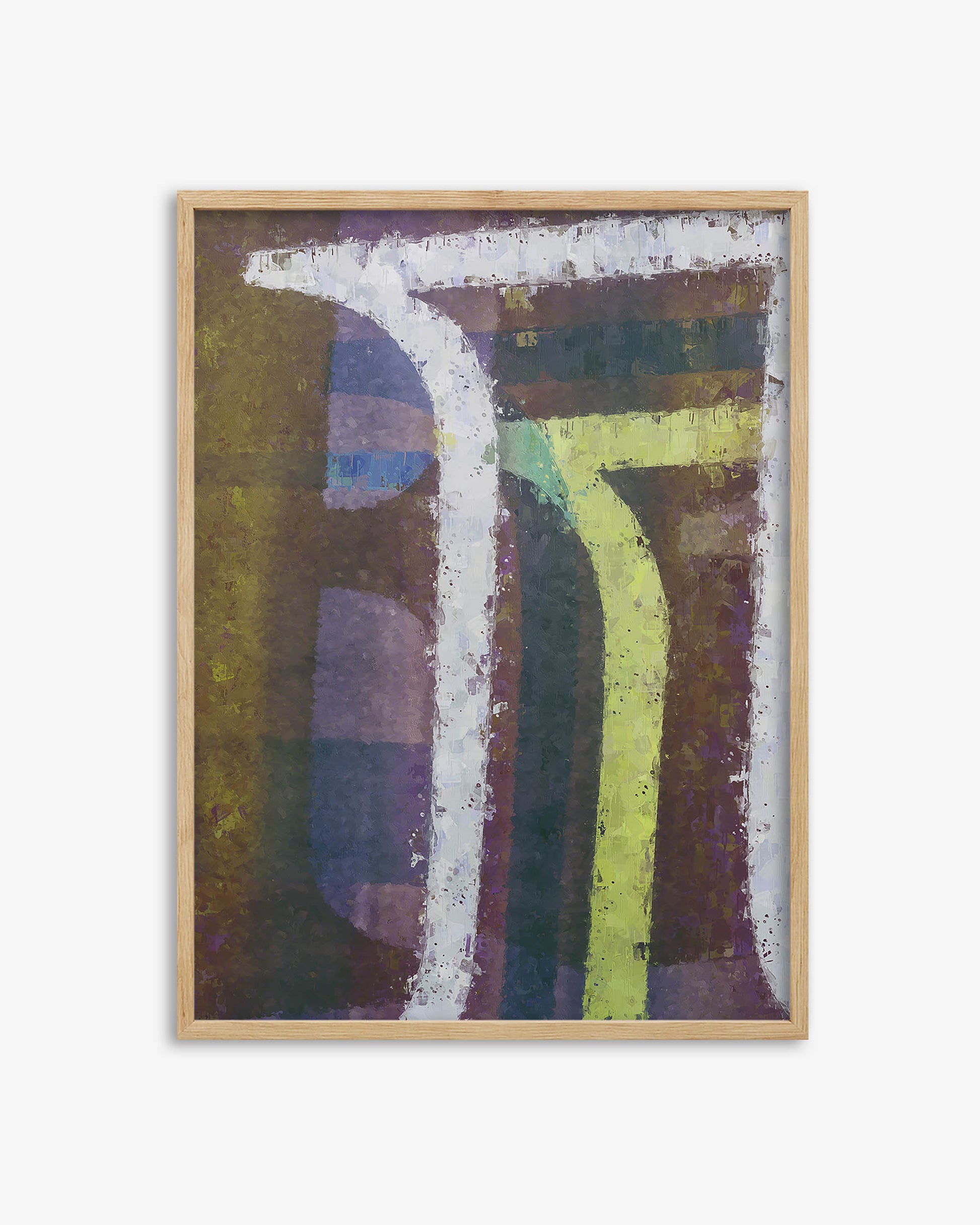 Abstract art piece with geometric shapes in a wooden frame on a white background