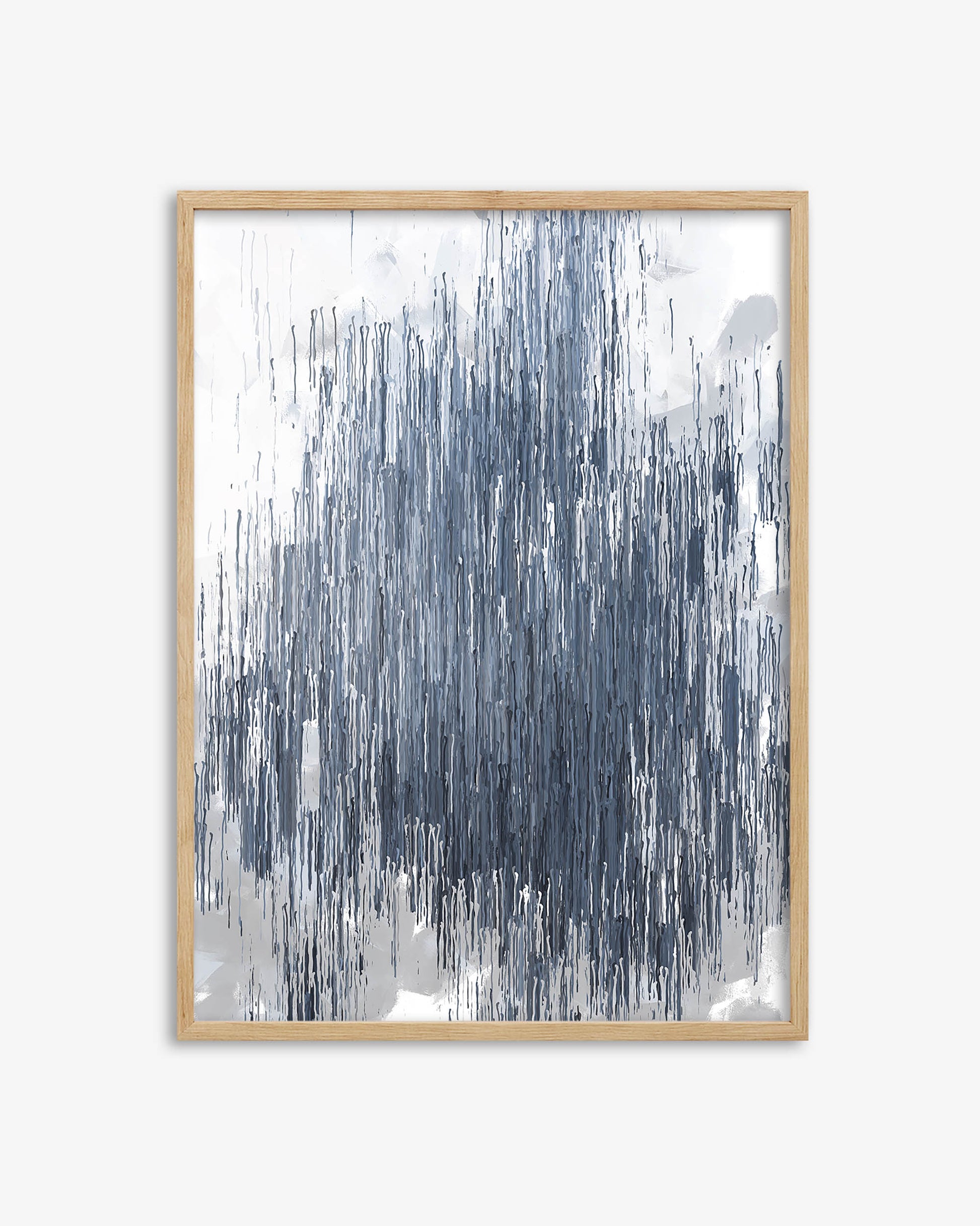 Framed abstract art with blue and white brushstrokes on a white background