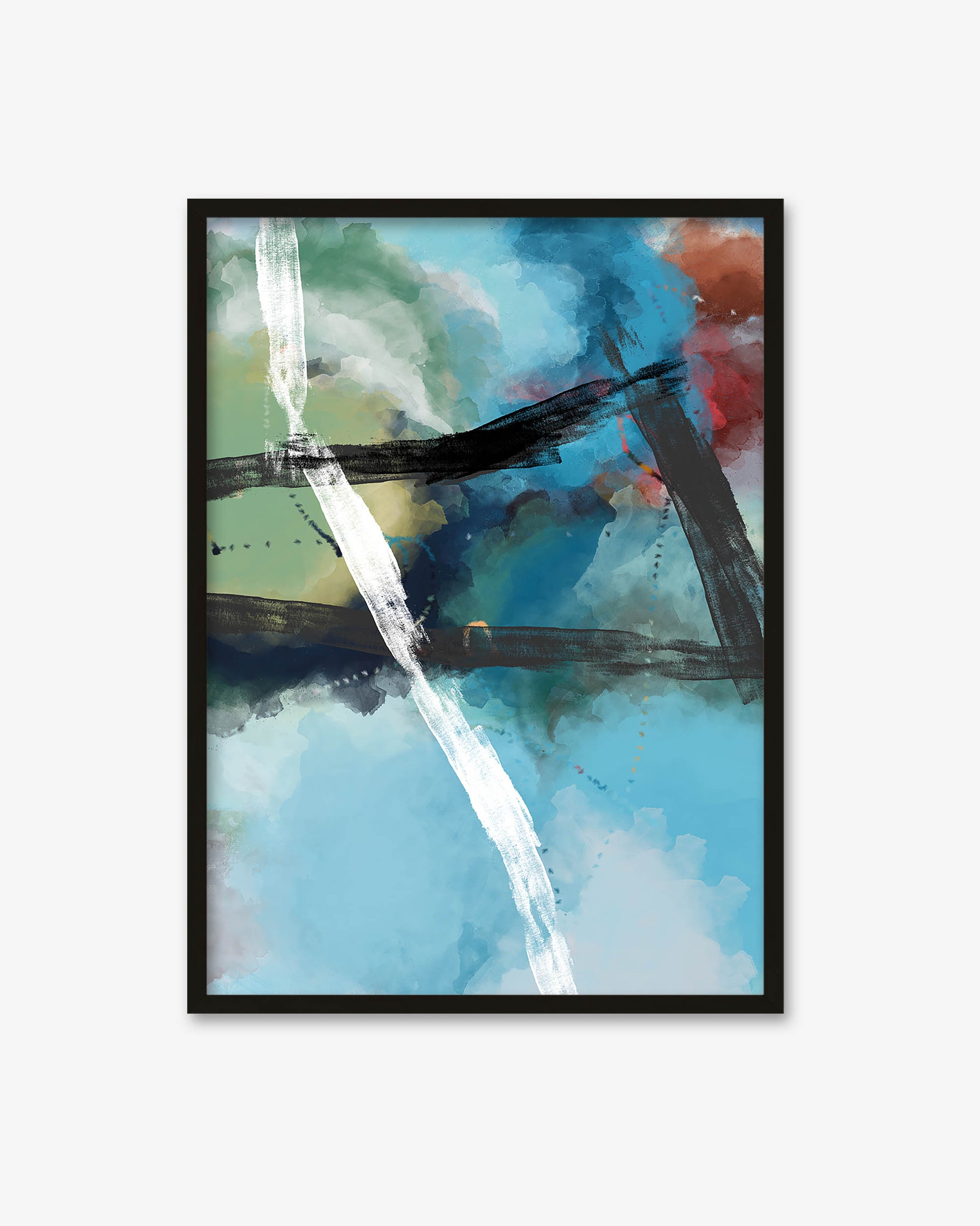 Abstract painting with blue, green, and black colors on a white background