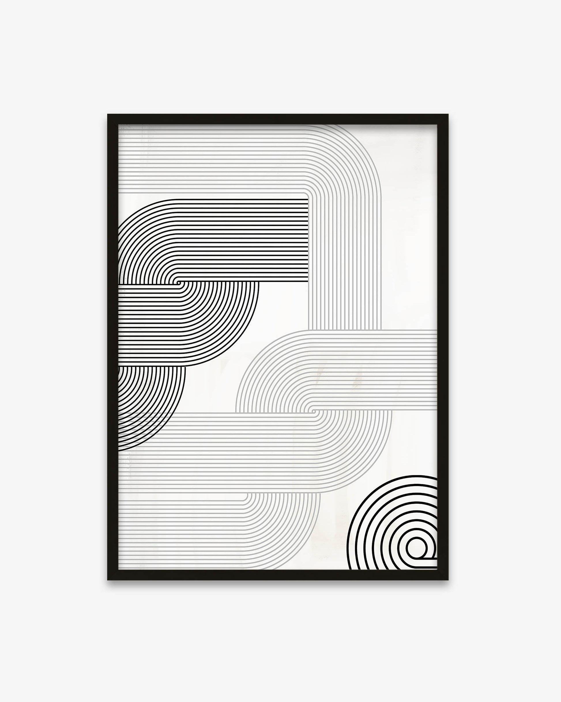 Framed abstract art print with black line patterns on a white background
