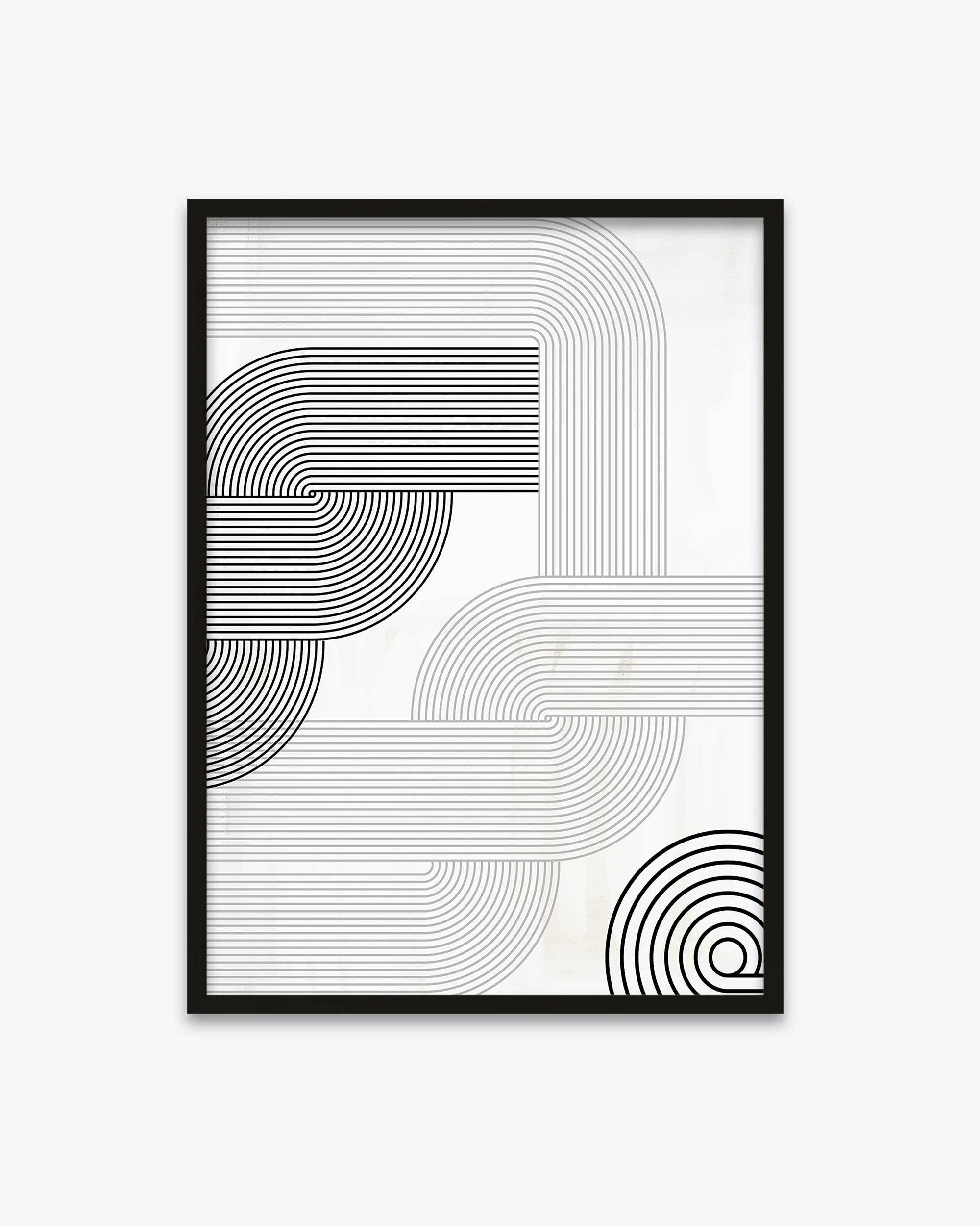 Framed abstract art print with black line patterns on a white background