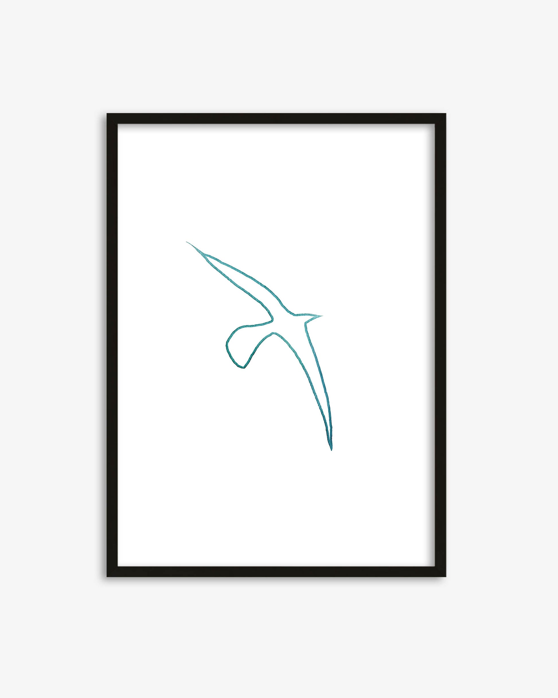 Framed artwork with a minimalist blue line drawing of a bird on a white background