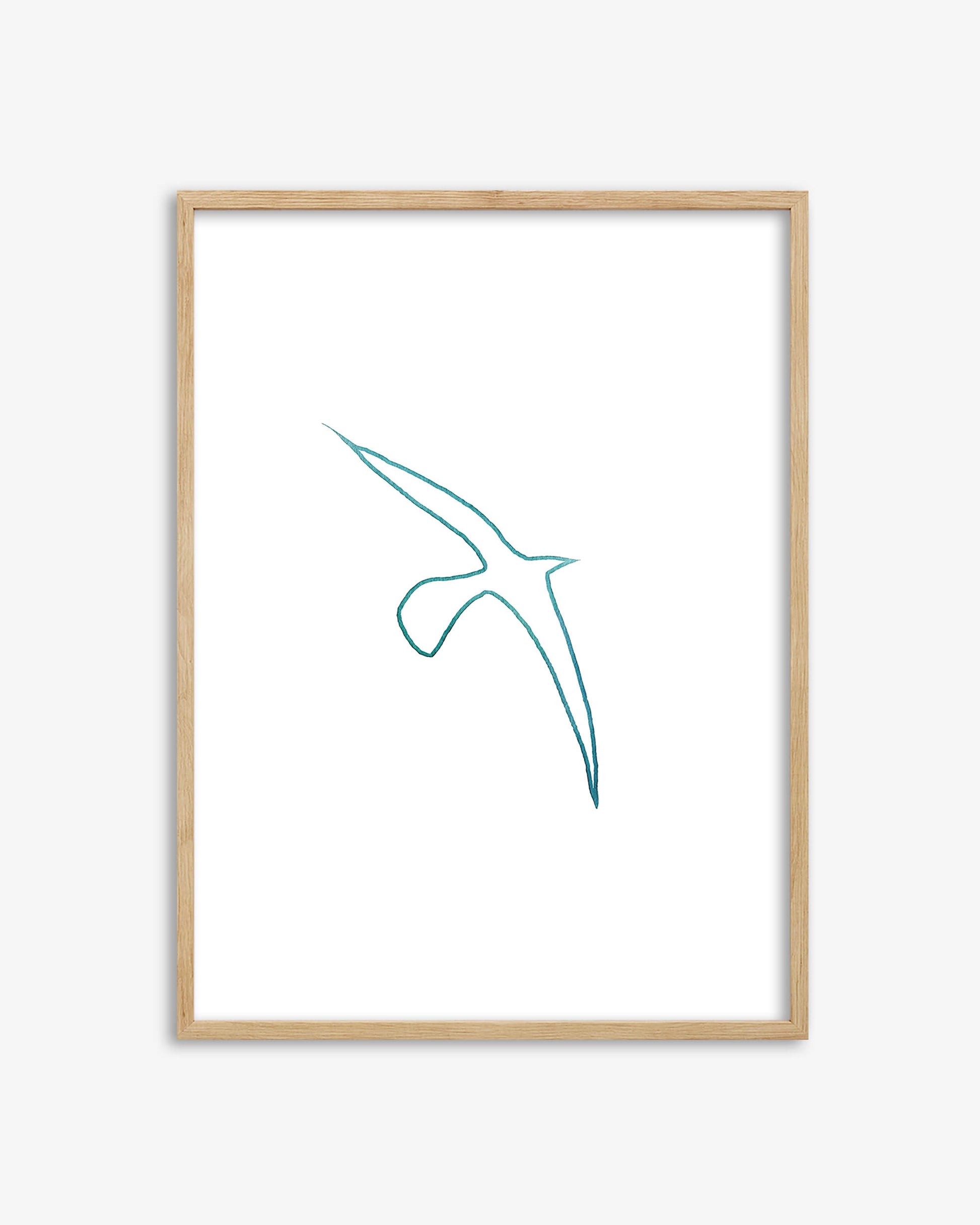 Framed artwork with a blue line drawing of a bird on a white background