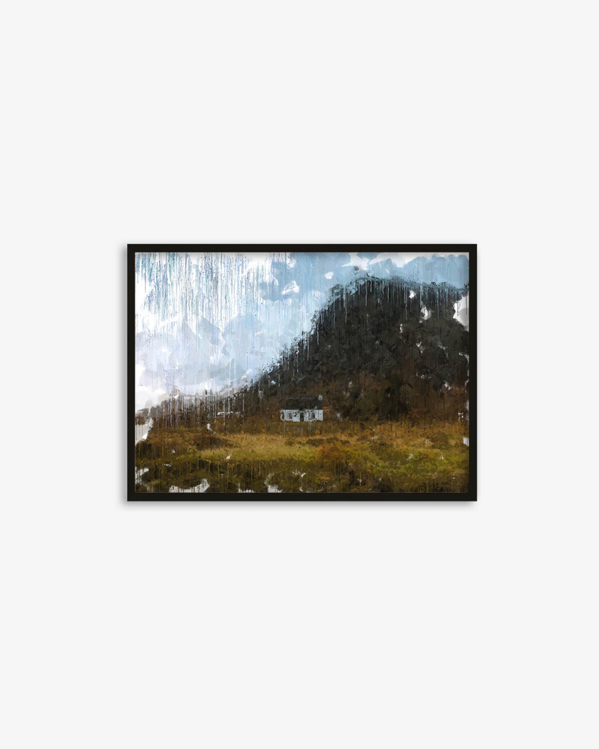 Framed artwork of a landscape with a house and trees on a white background
