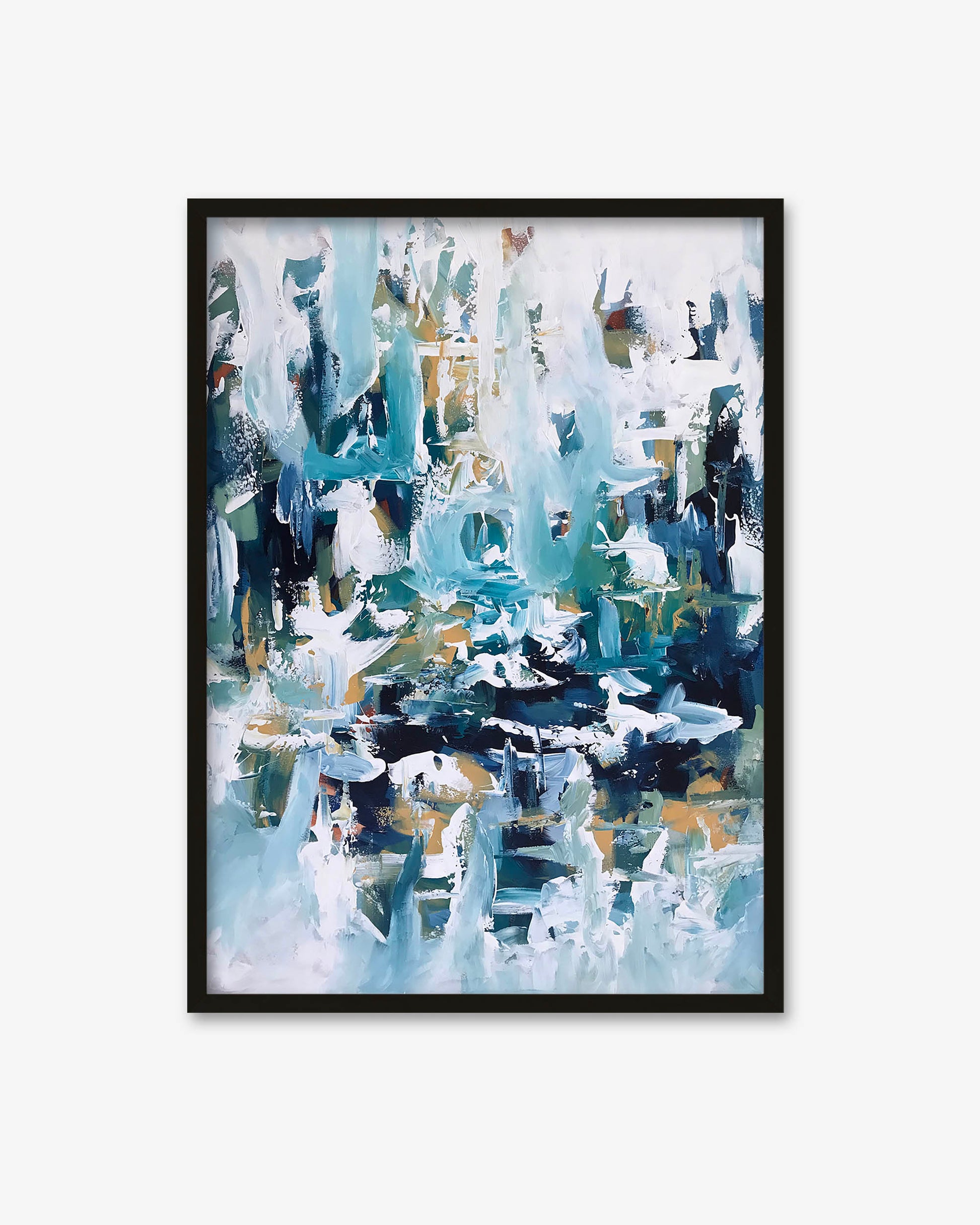 Framed abstract painting with blue, white, and black colors on a white background