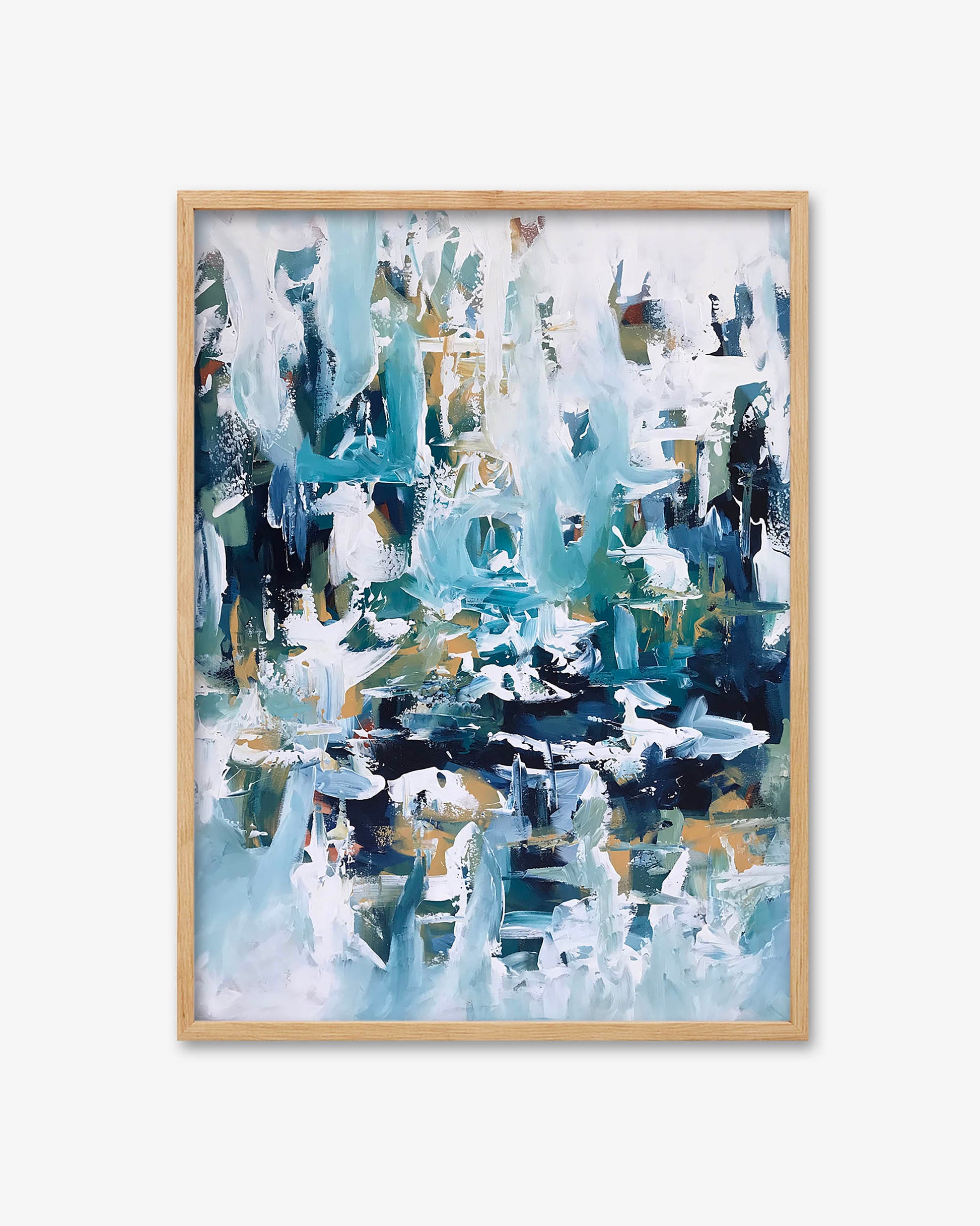 Abstract art print in a wooden frame on a white wall