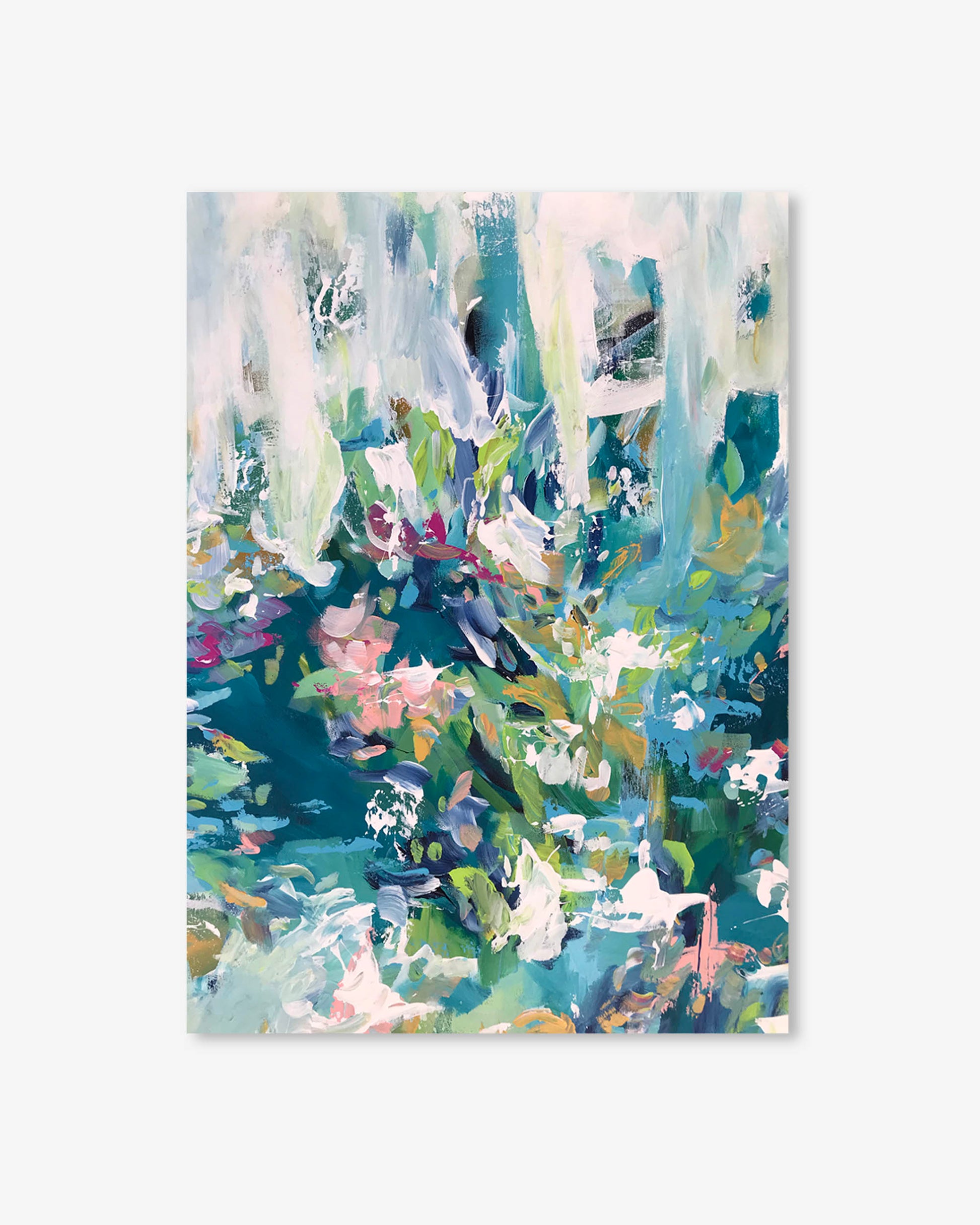Abstract painting with colorful floral patterns on a white background