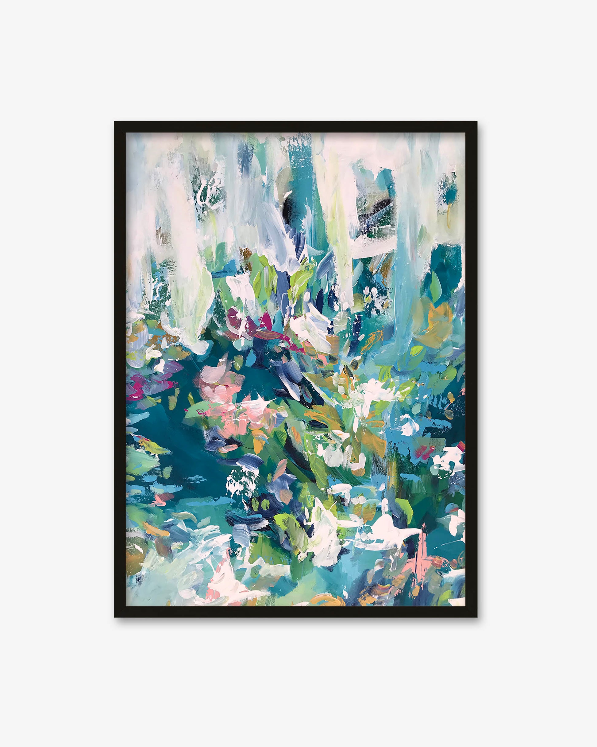 Framed abstract artwork with colorful brushstrokes on a white background