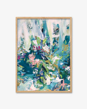 Framed abstract artwork with colorful floral design on a white background