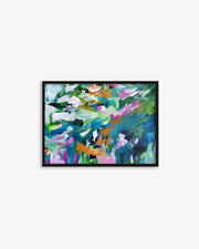 Framed abstract painting with colorful brush strokes on a white background