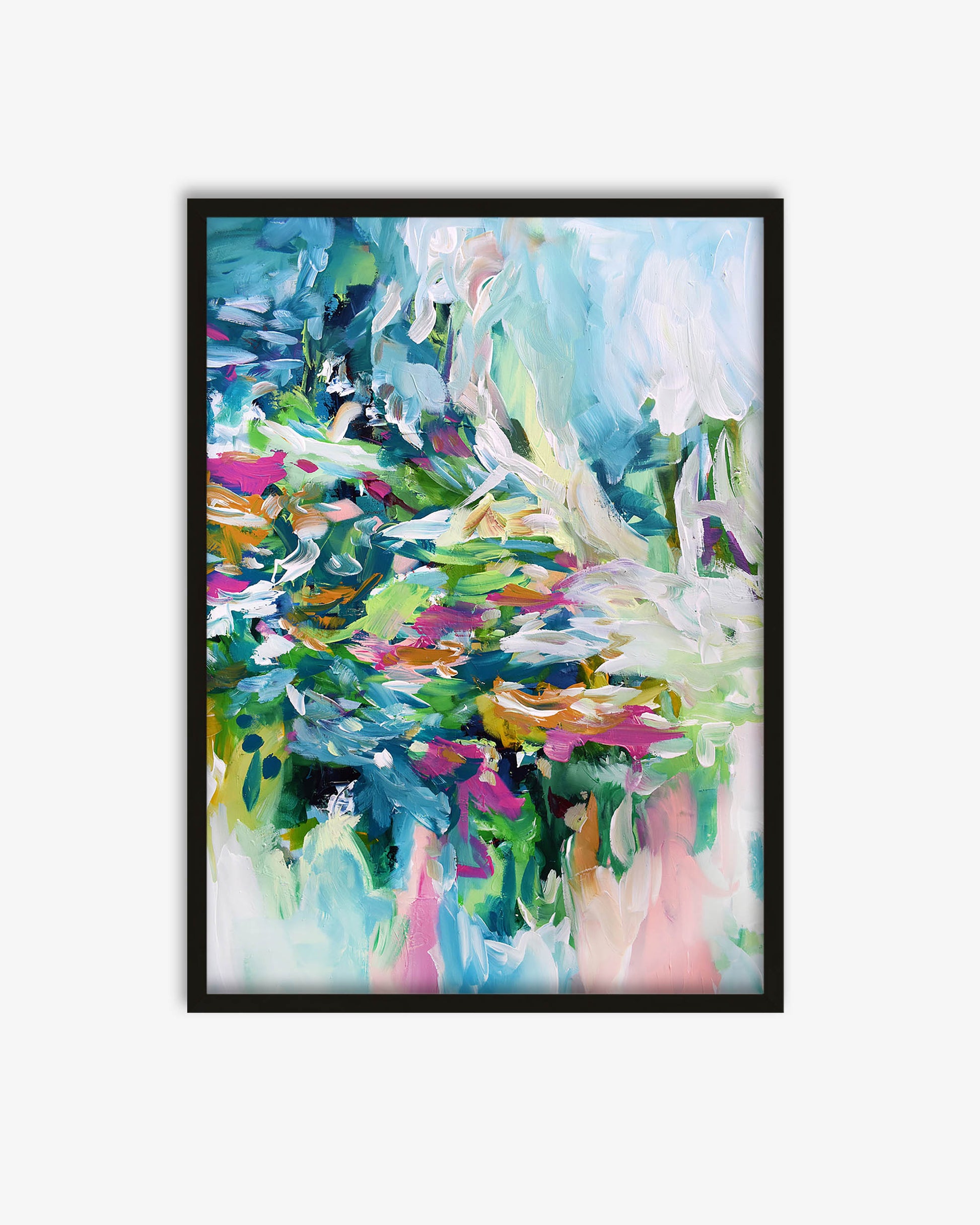 Framed abstract artwork with vibrant colors on a white background