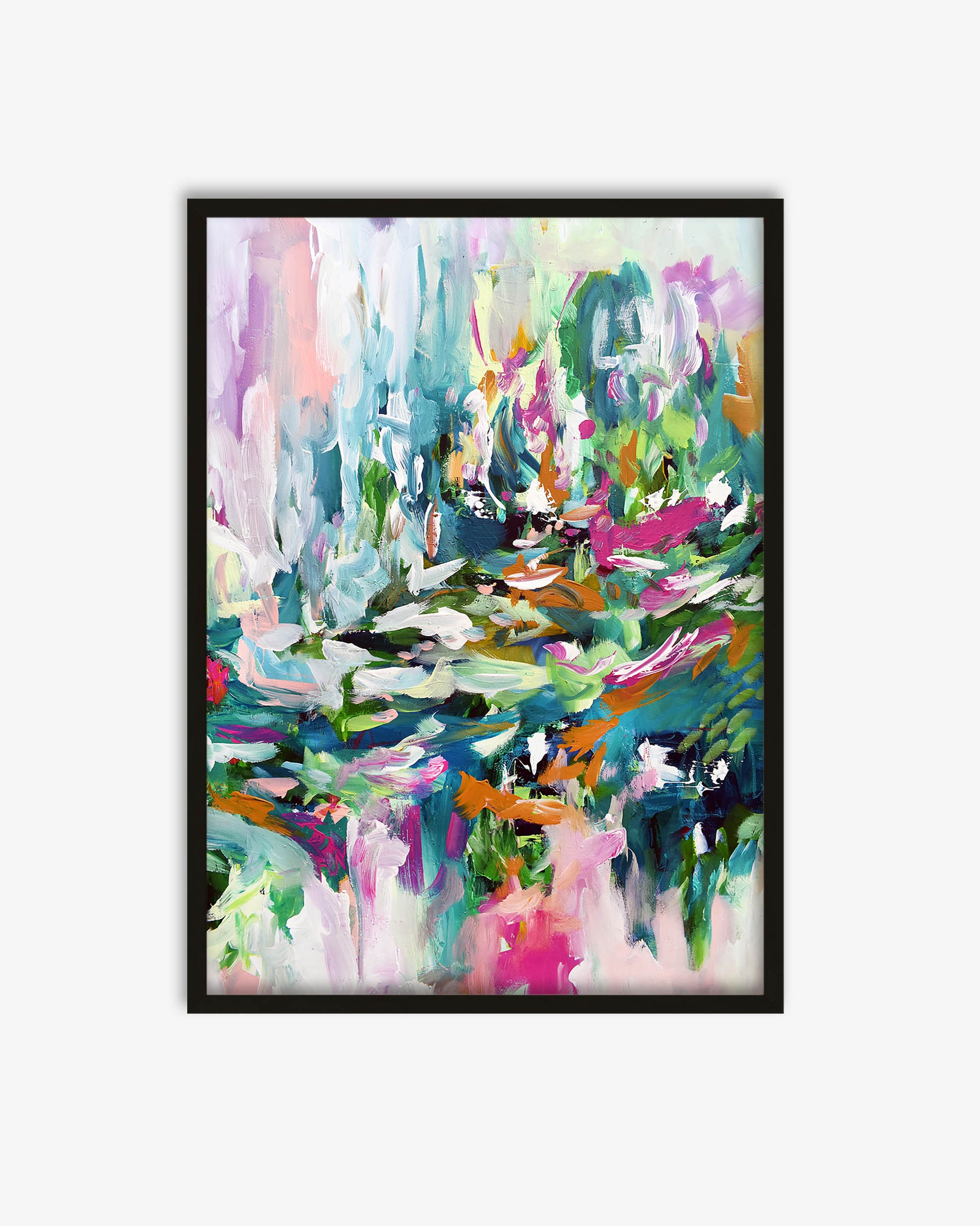 Framed abstract artwork with vibrant colors on a white background
