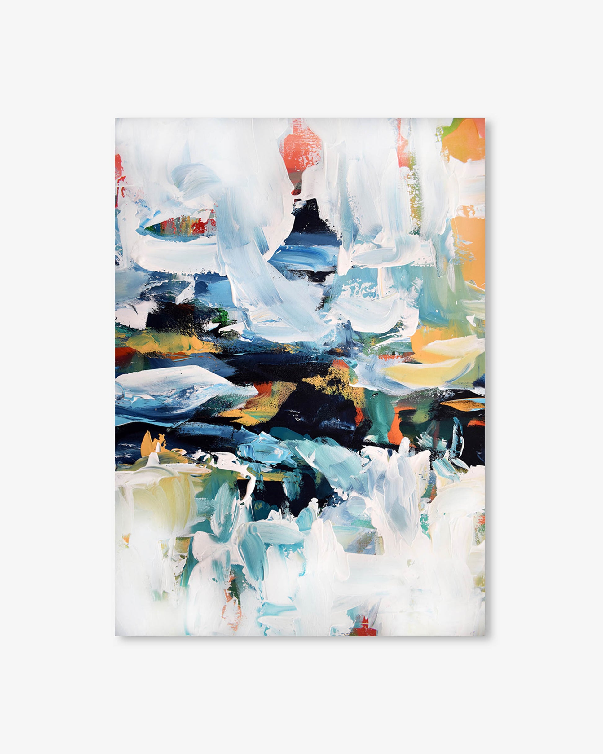 Abstract art print with a mix of blue, white, orange, and black on a white background