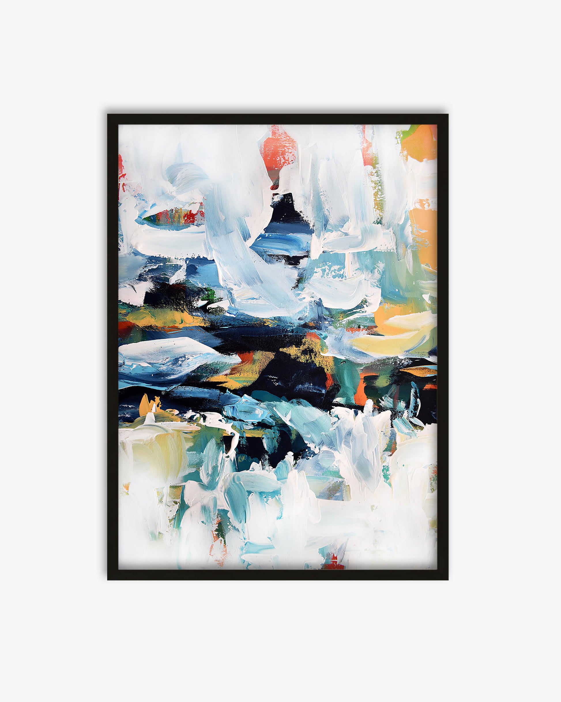 Framed abstract art print with colorful brush strokes on a white background