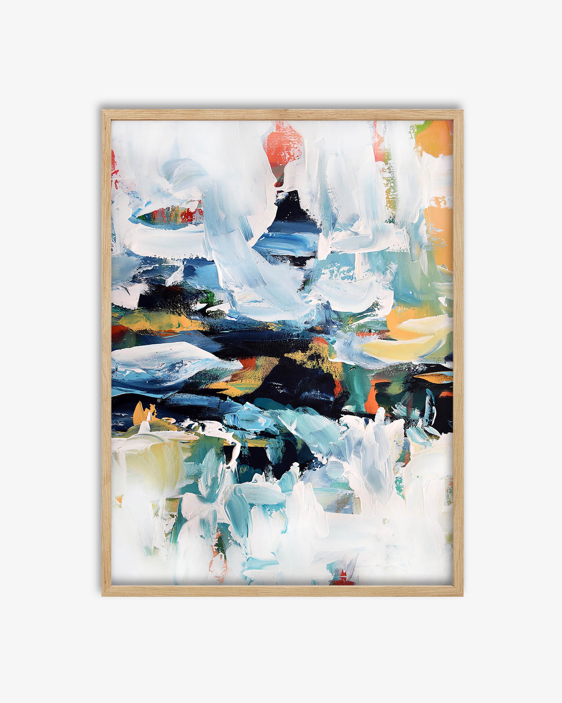 Abstract art print in a wooden frame on a white background