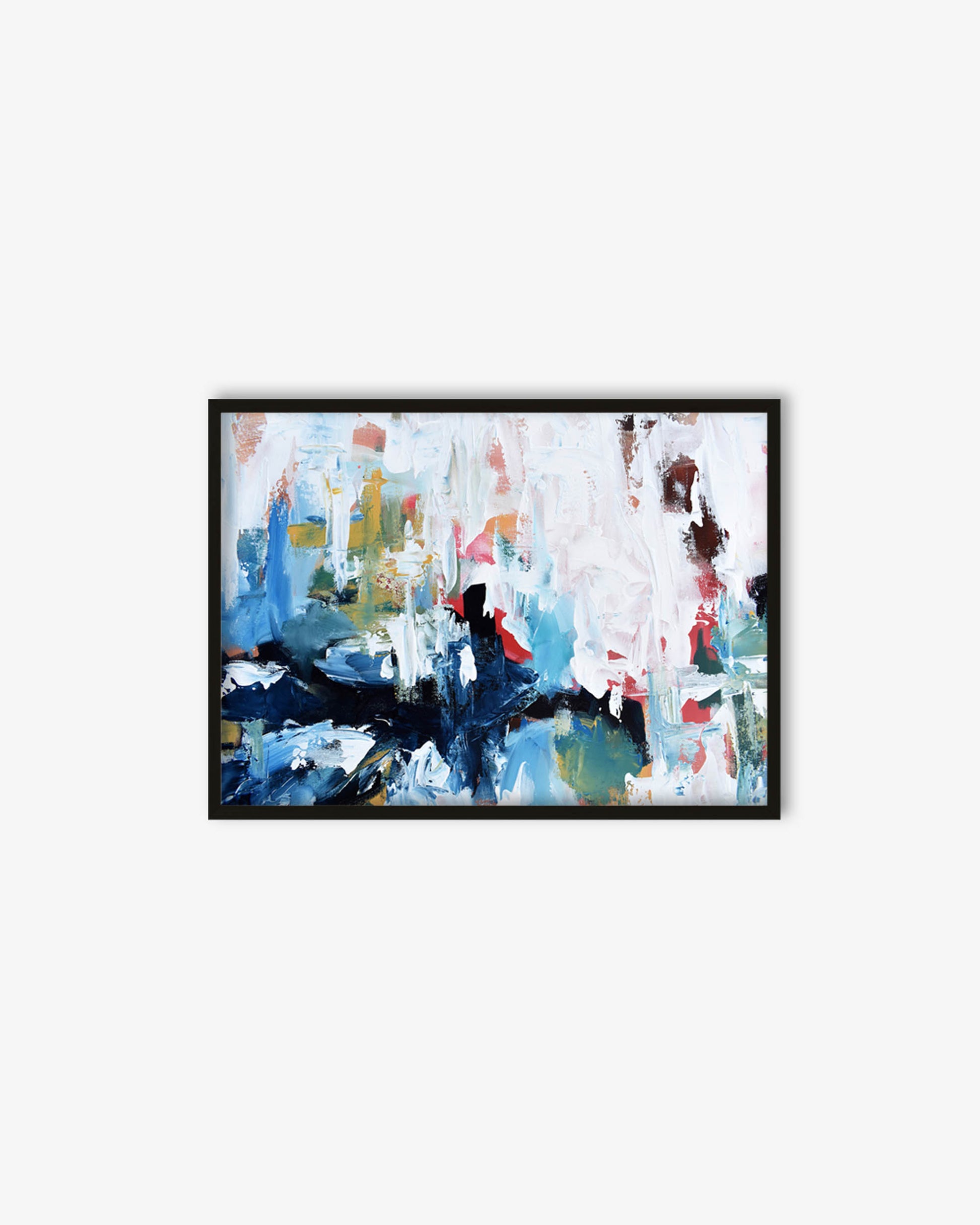 Framed abstract painting with colorful brush strokes on a white background