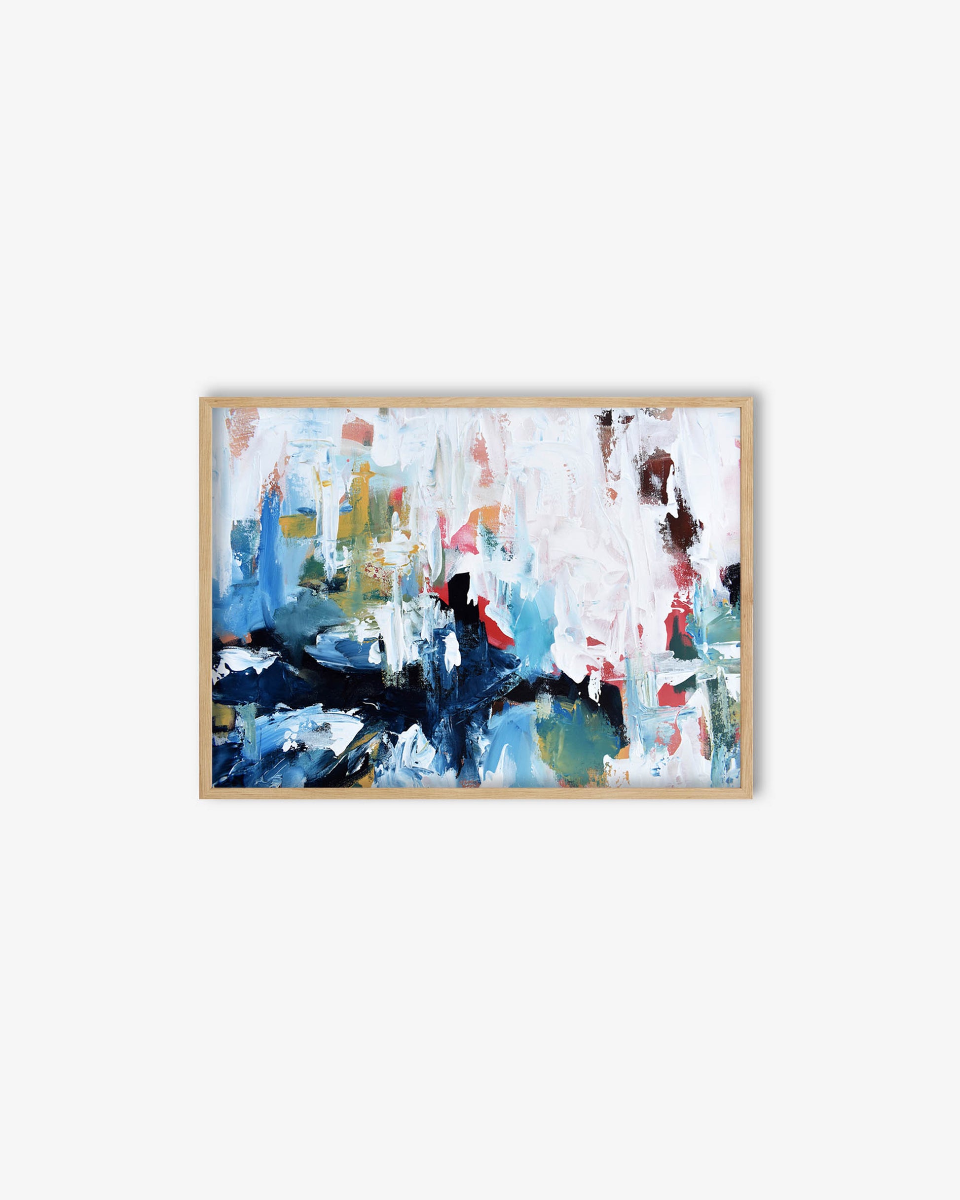 Framed abstract painting with colorful brush strokes on a light gray background