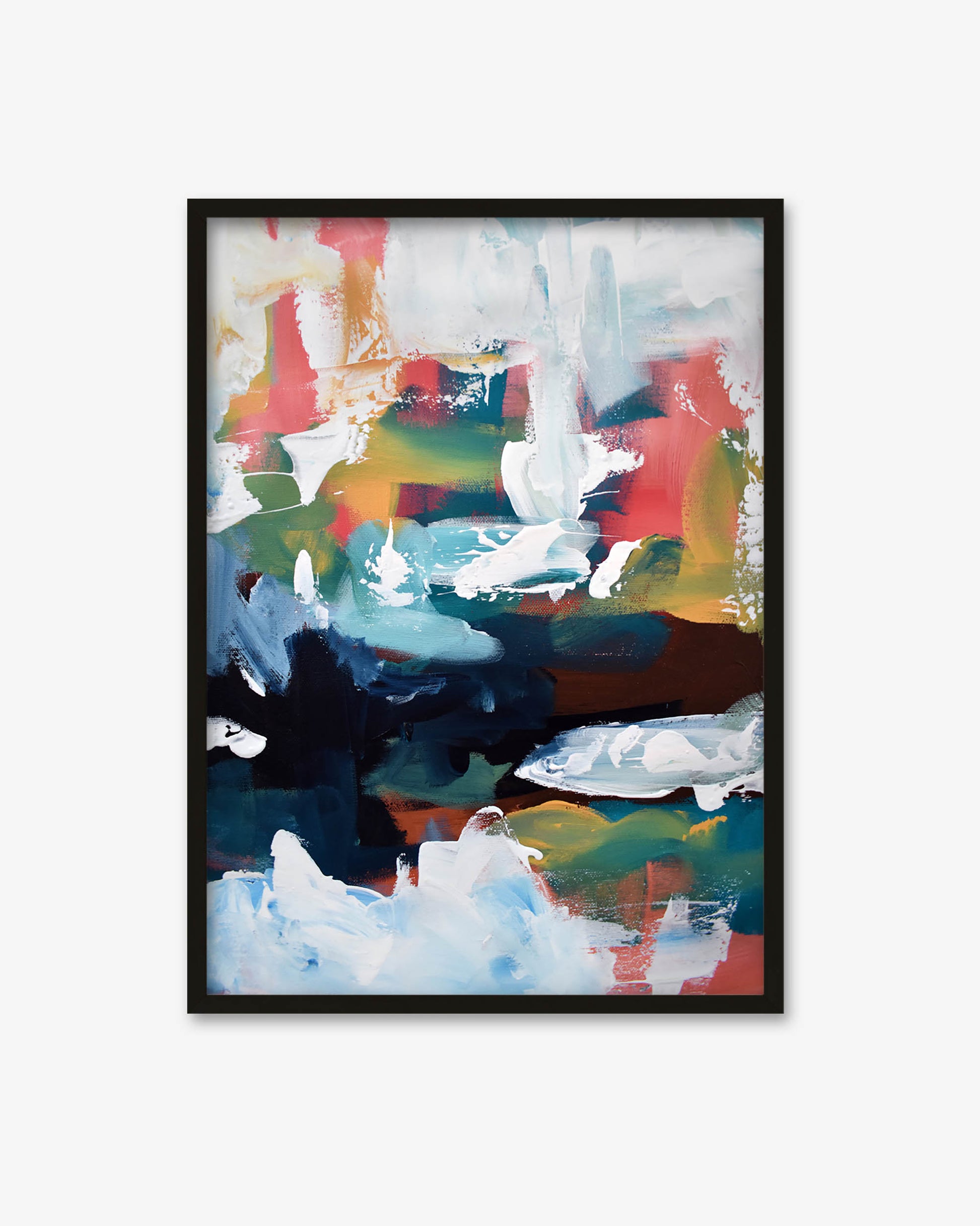 Framed abstract art with colorful brush strokes on a white background