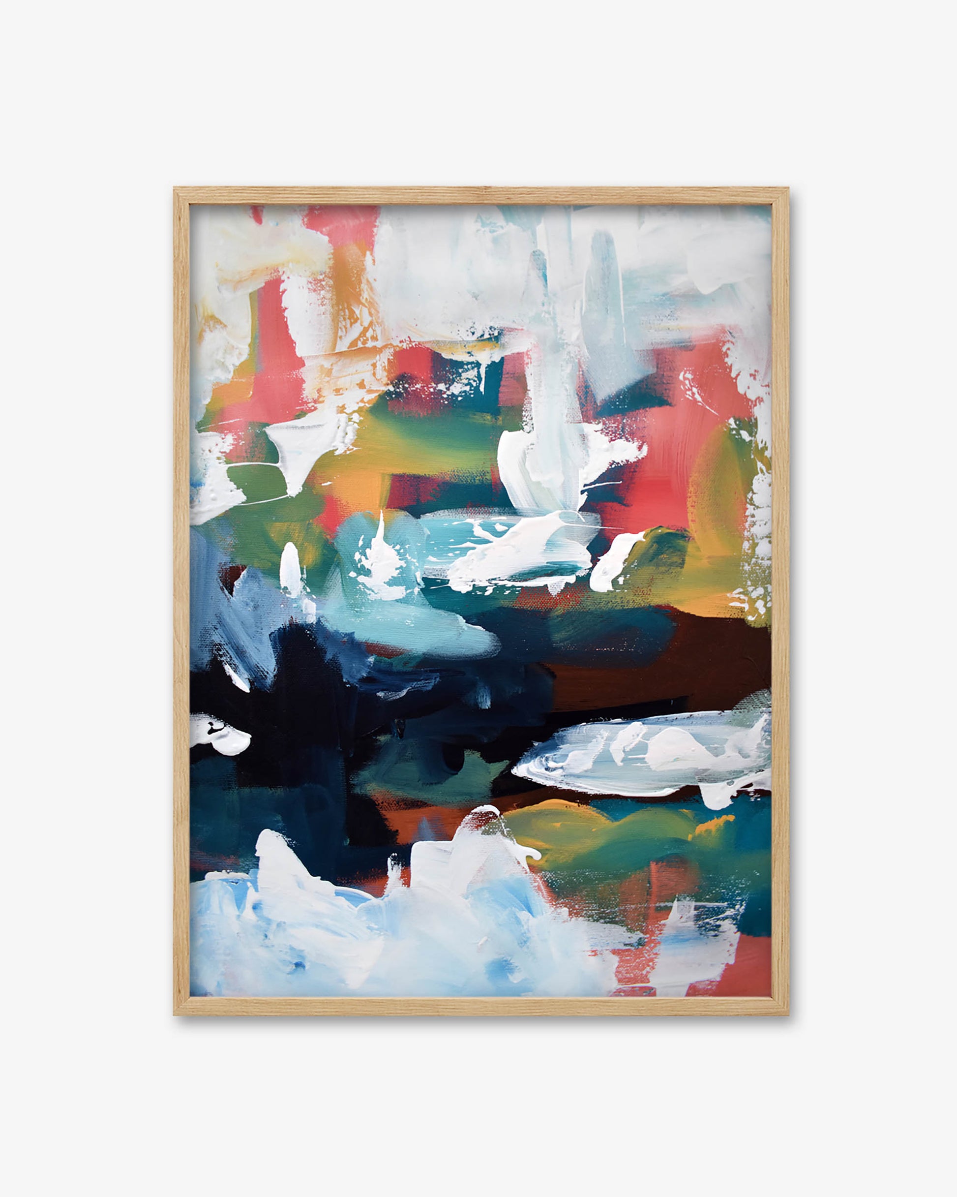Abstract art painting with colorful brush strokes in a wooden frame on a white background