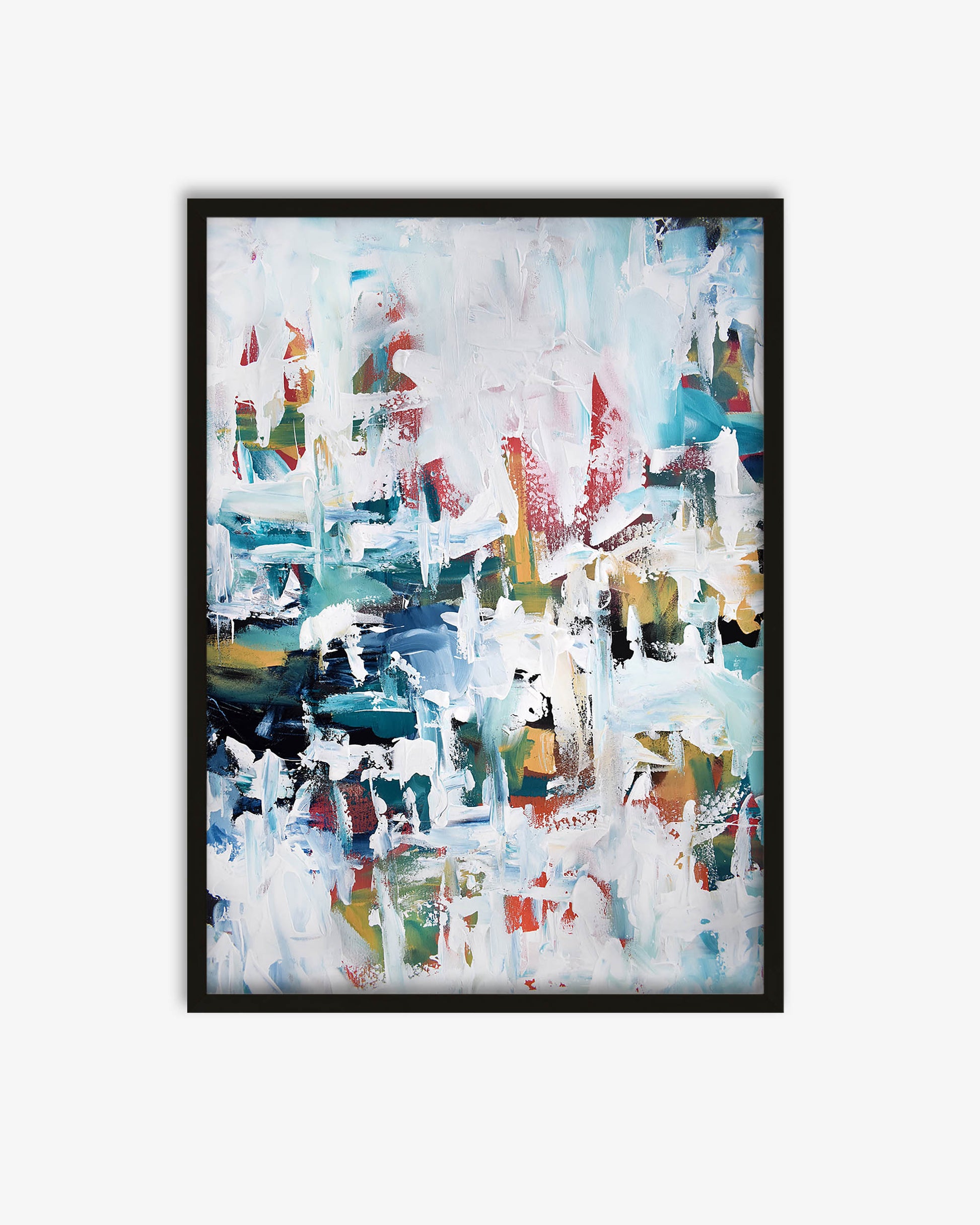 Framed abstract art with multicolored brush strokes on a white background