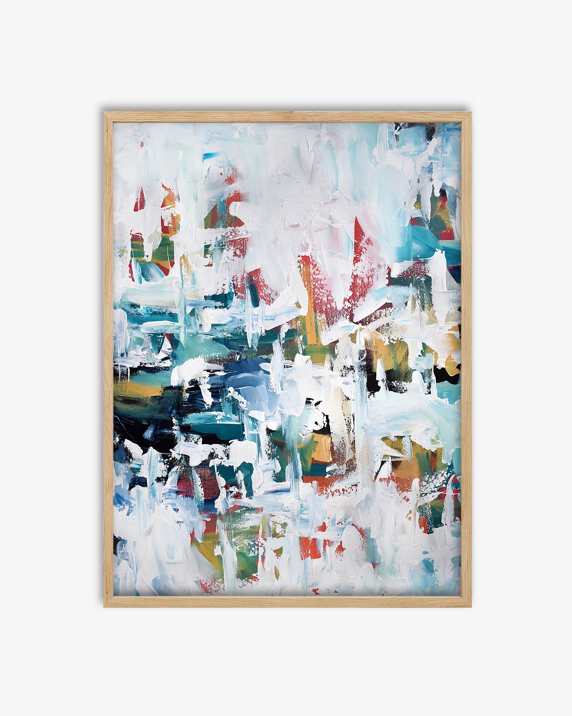 Abstract art print with colorful brush strokes in a wooden frame on a white background