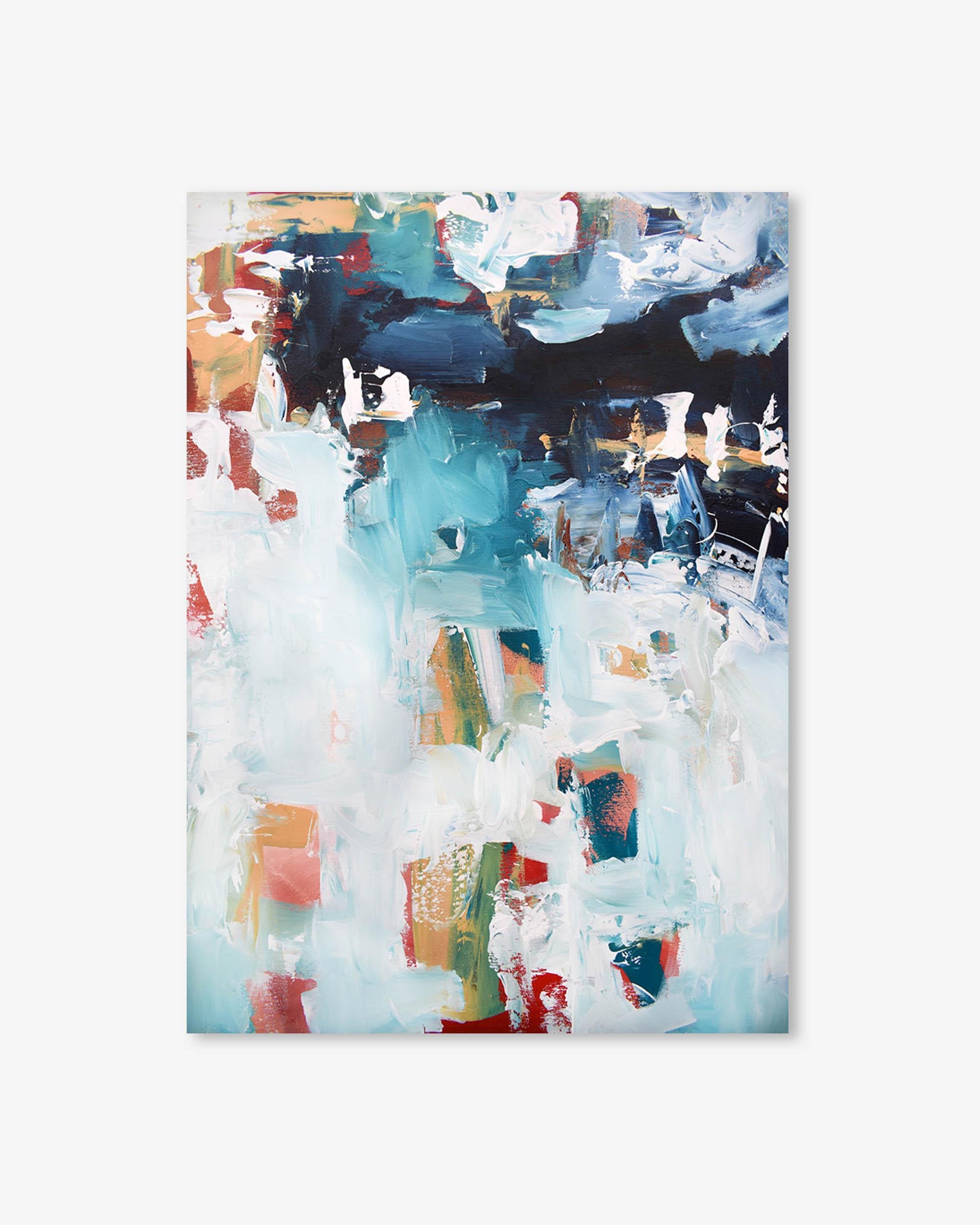 Abstract painting with a mix of blue, white, and multicolor on a light gray background