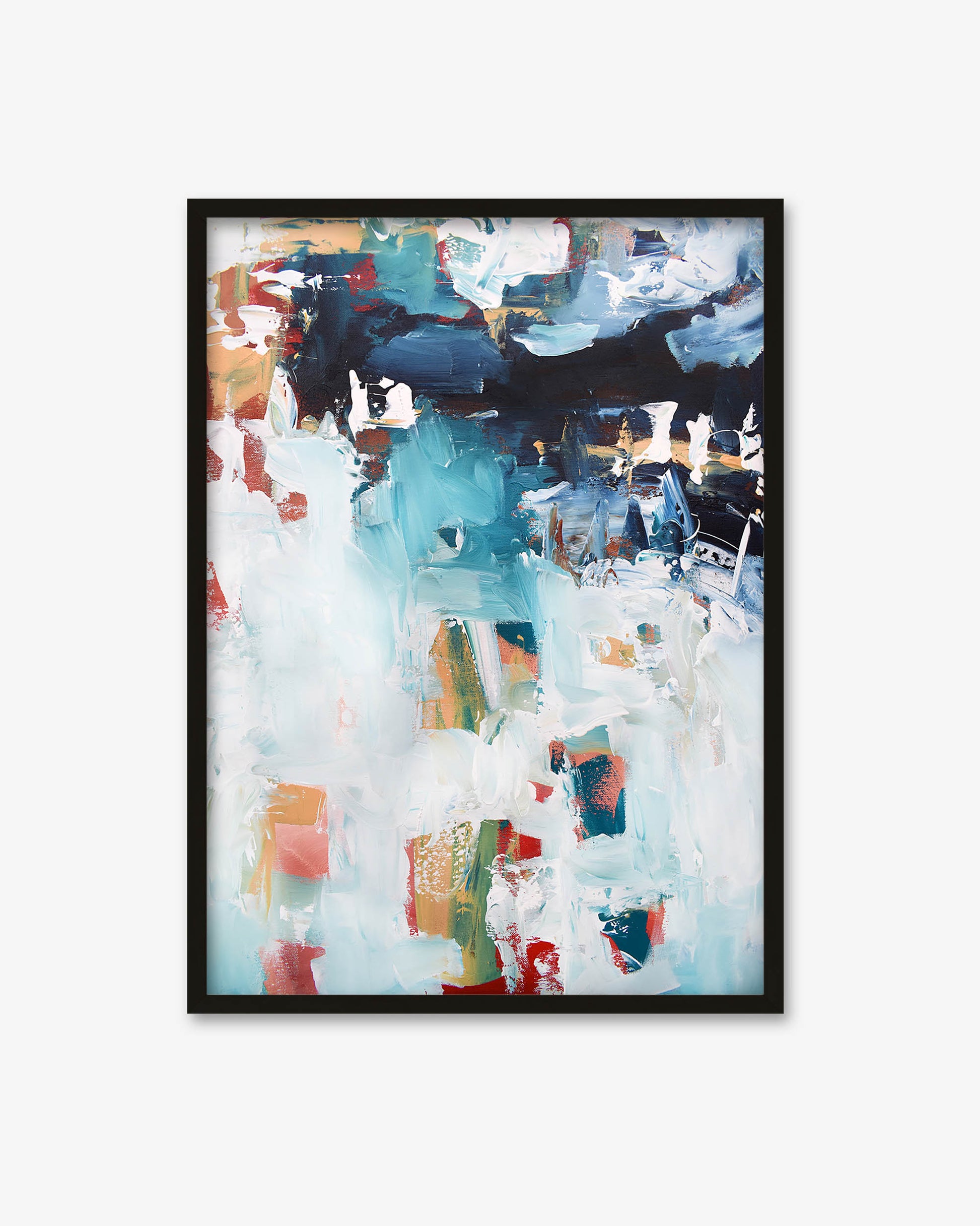 Framed abstract art print with multicolors on a white background