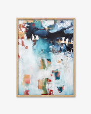 Abstract art print in a wooden frame on a white wall