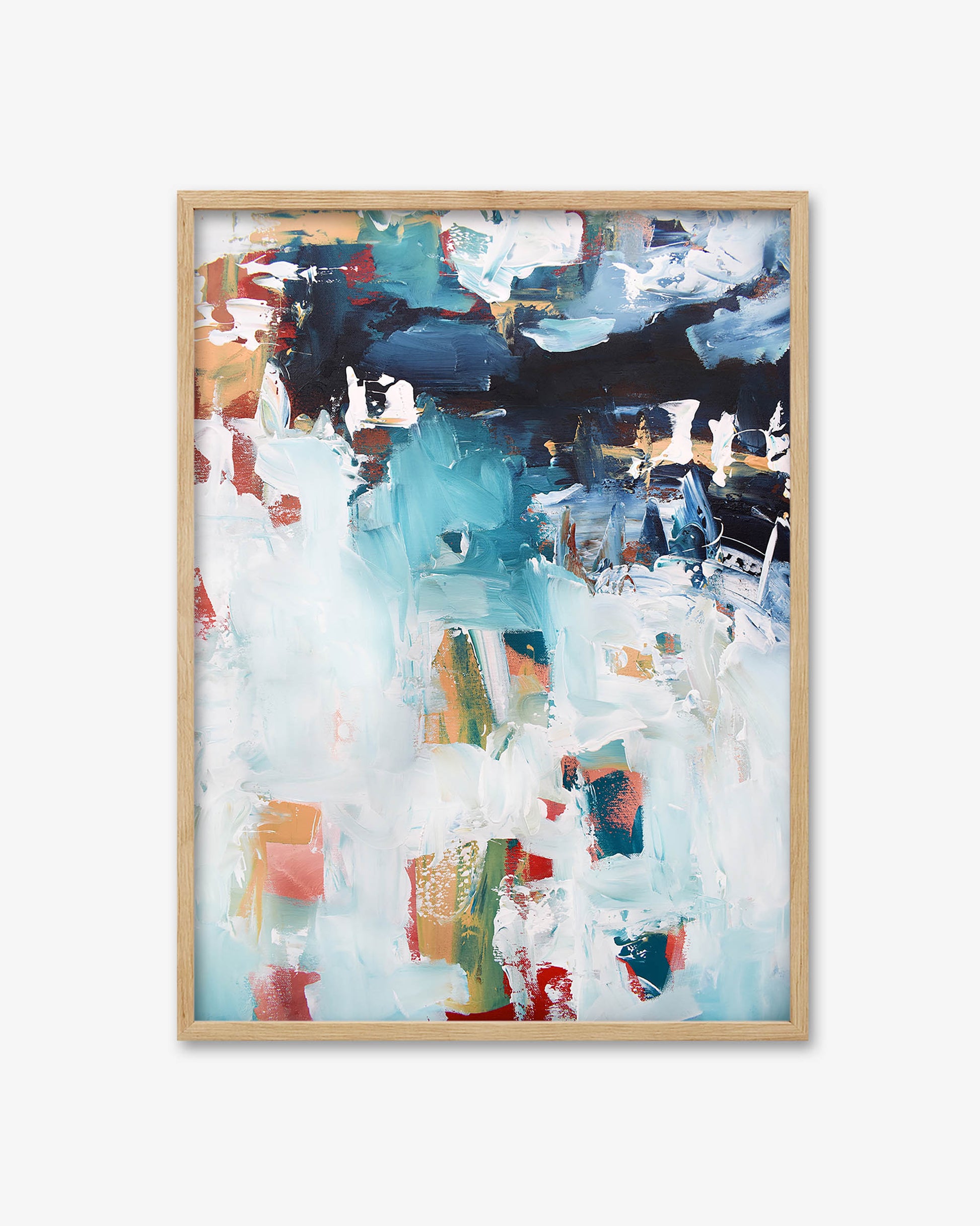Abstract art print in a wooden frame on a white wall