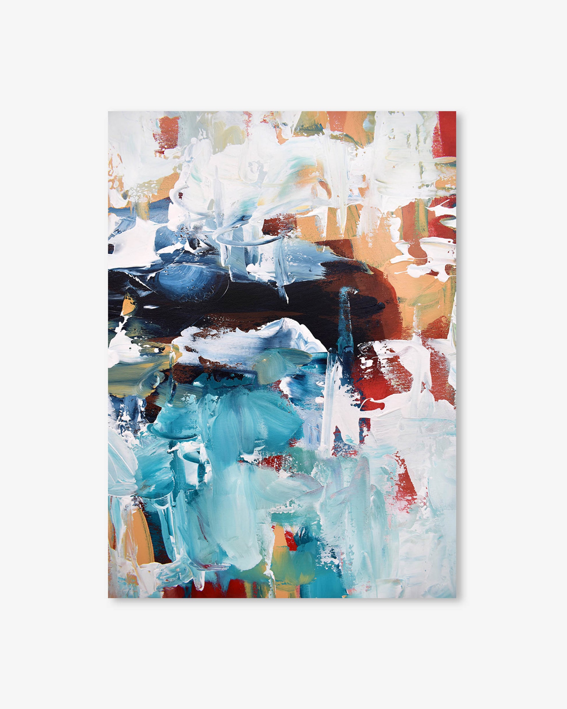 Abstract painting with a mix of blue, orange, and white on a white background