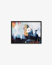 Framed abstract painting with colorful brush strokes on a white wall