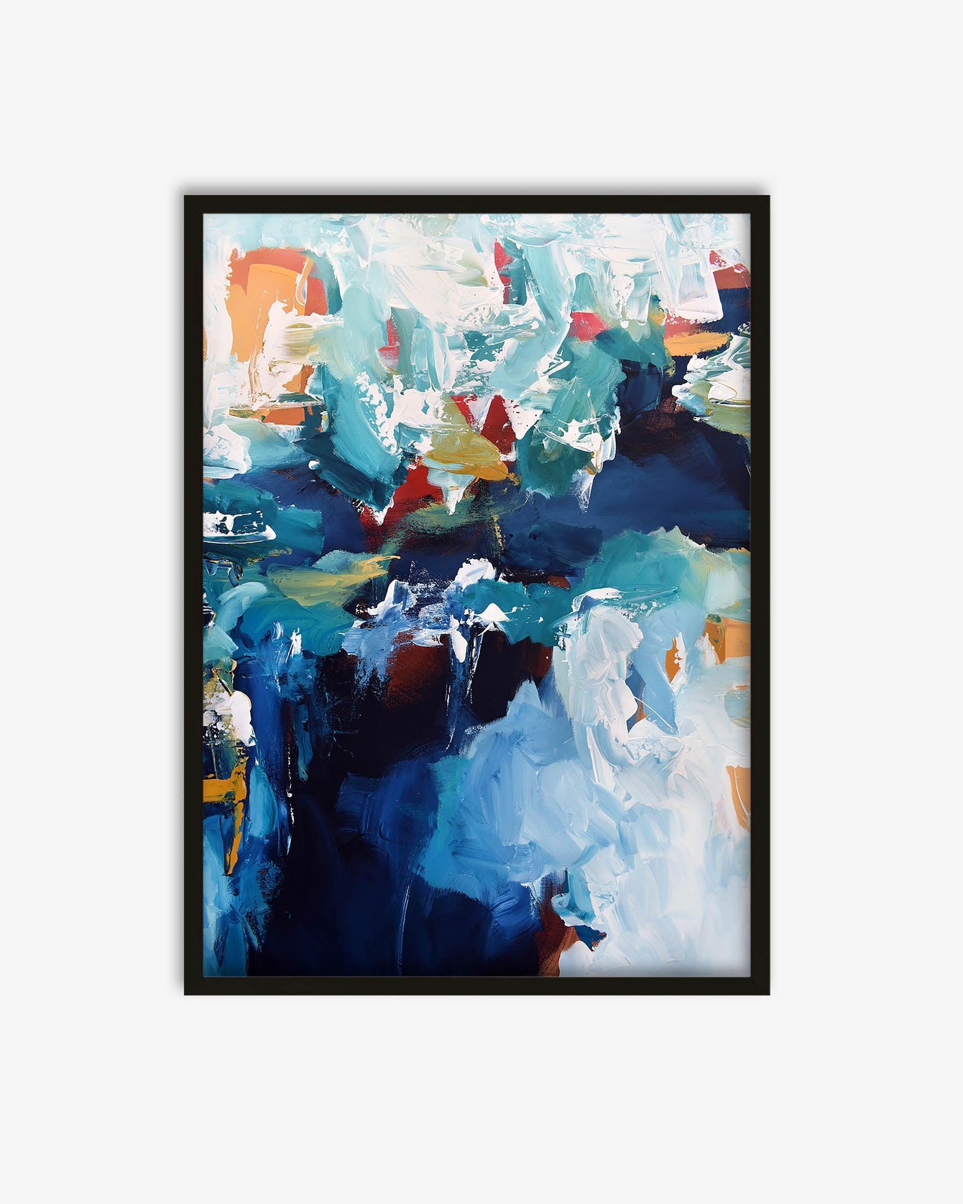 Framed abstract painting with colorful brush strokes on a white background