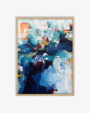 Abstract painting with colorful brush strokes in a wooden frame on a white background