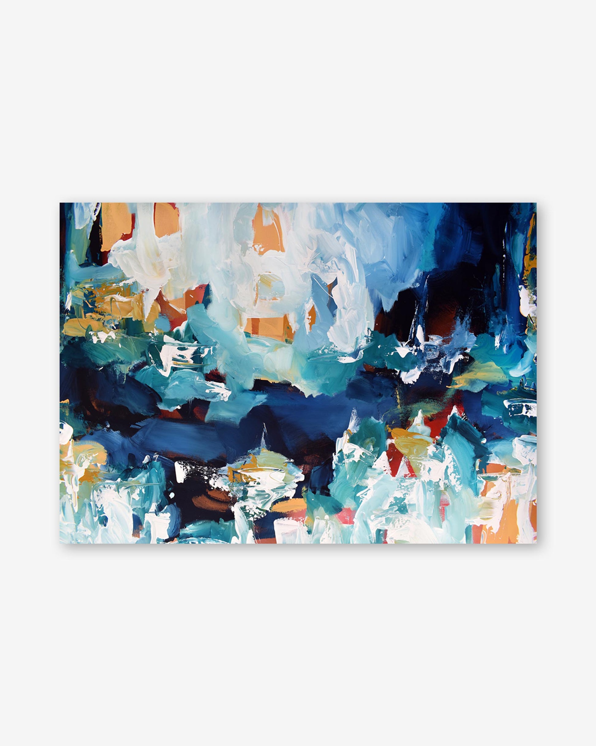 Abstract art print with blue, orange, and white colors on a white background