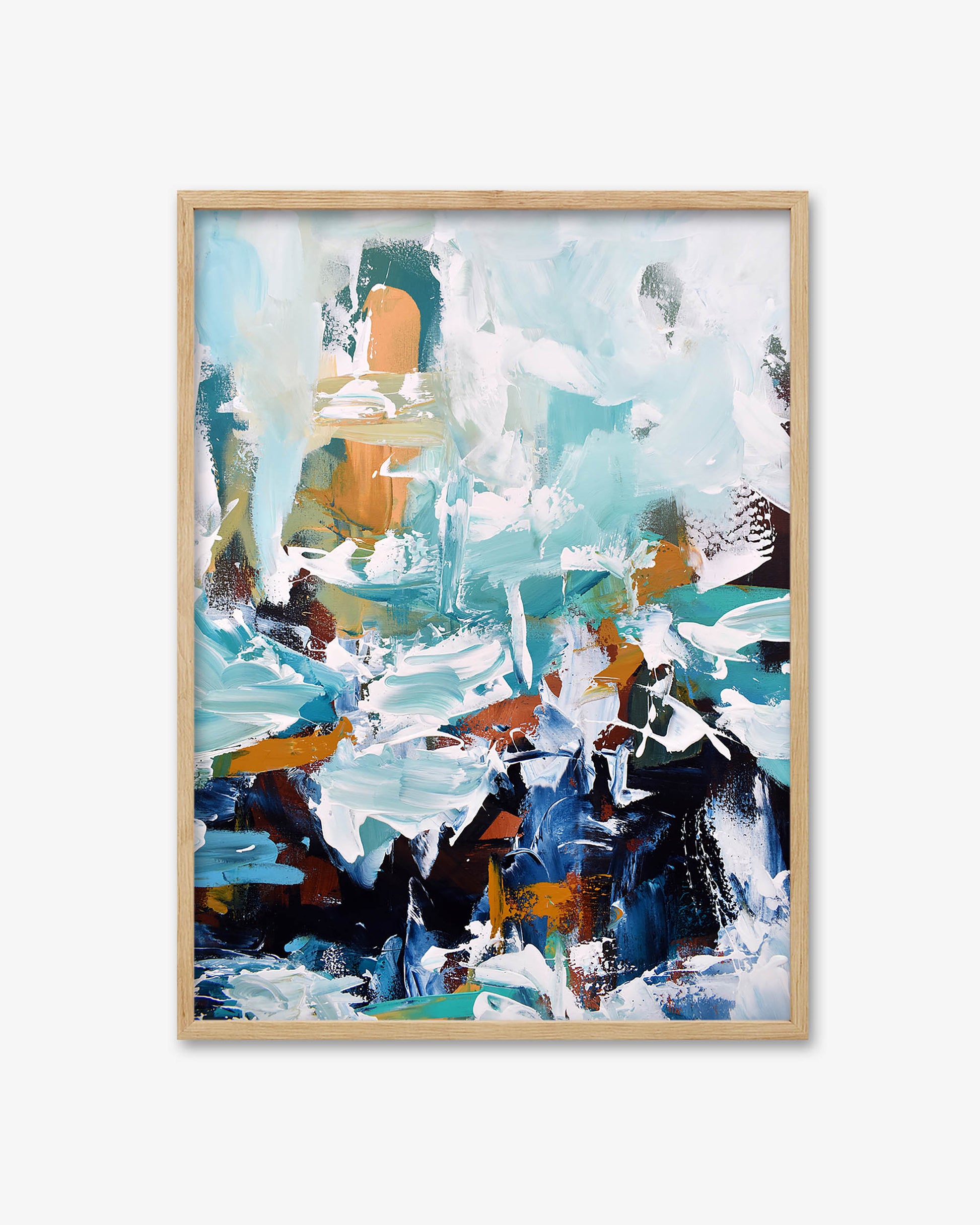 Abstract art painting with a wooden frame on a white wall