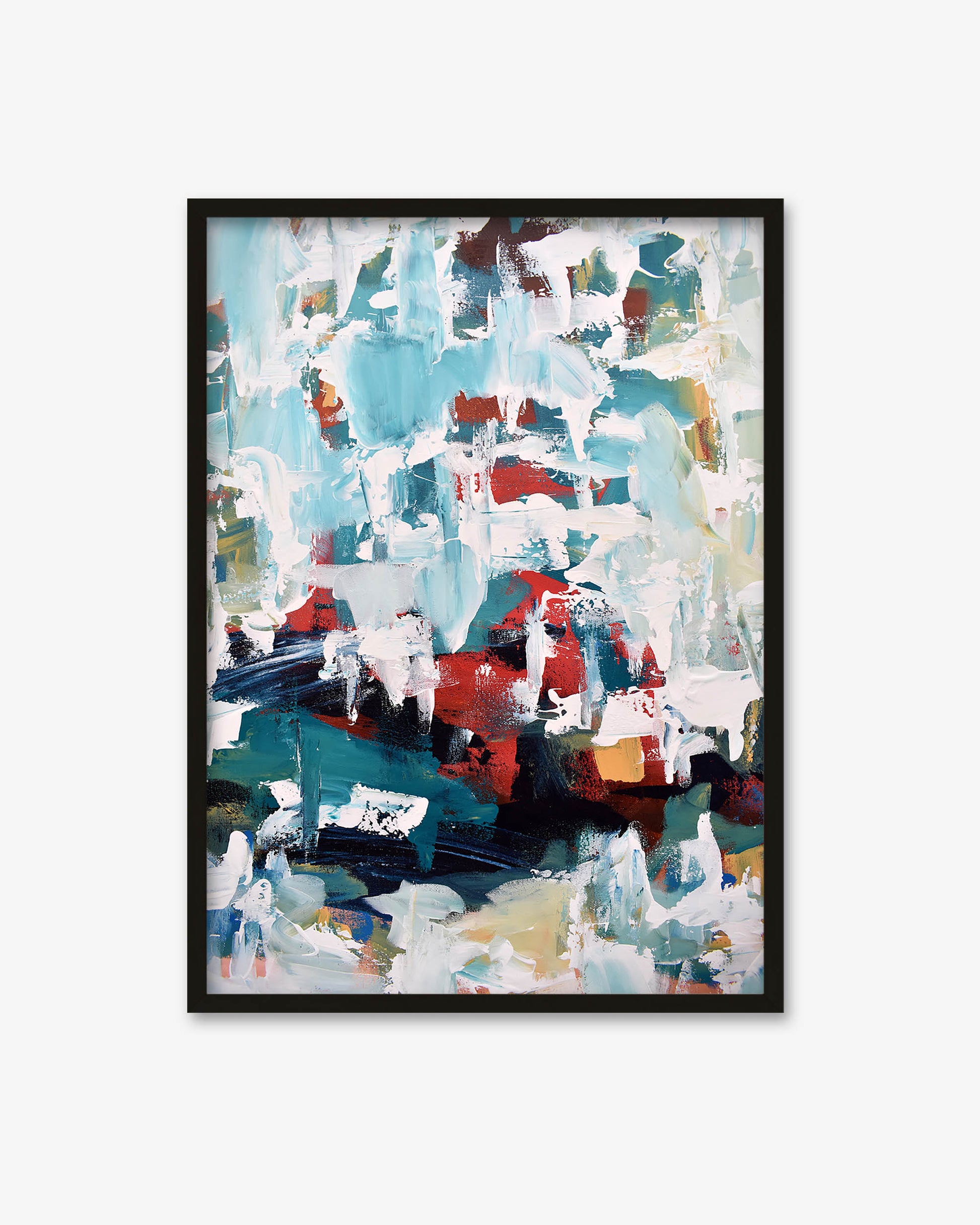 Framed abstract art print with colorful abstract design on a white background
