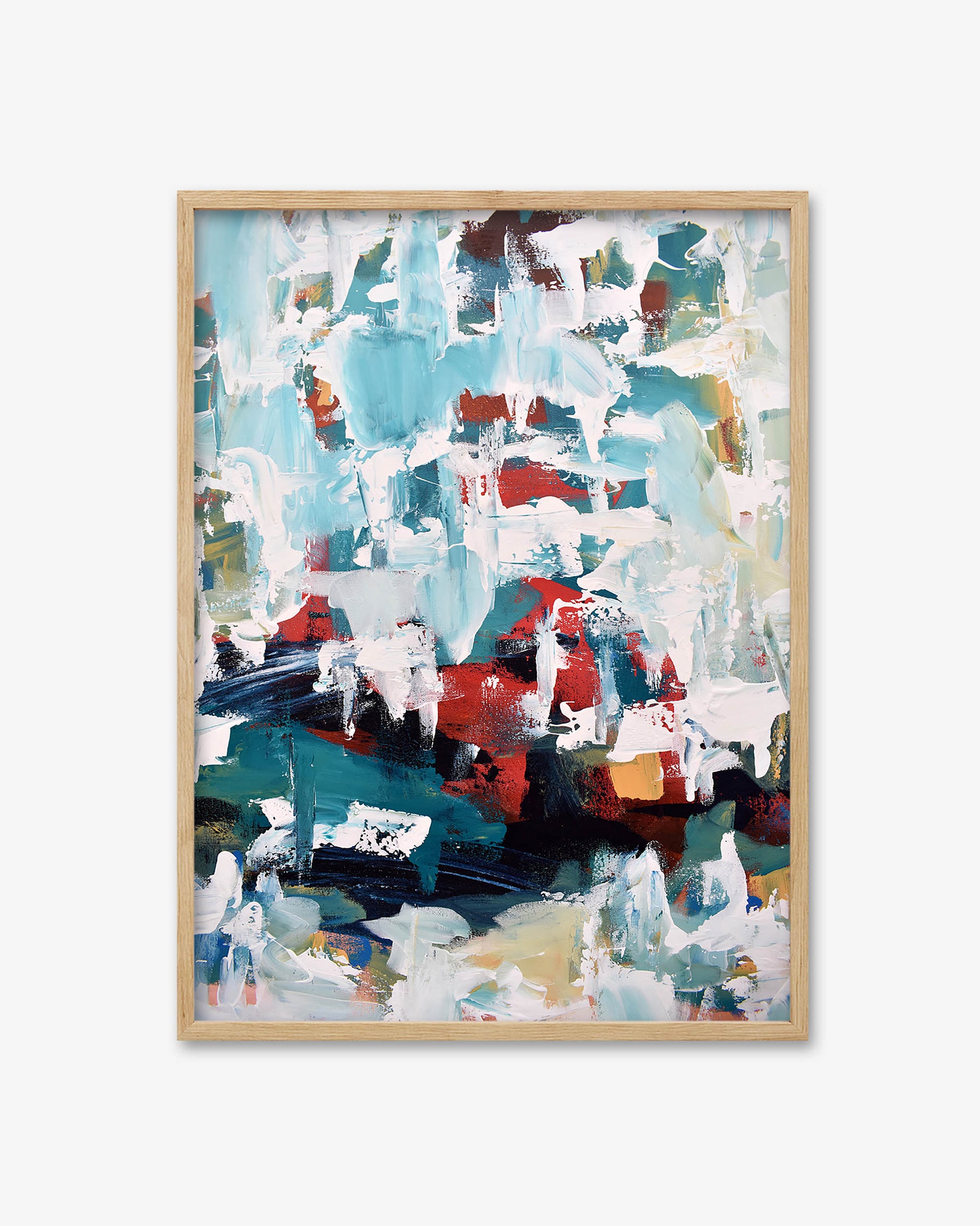 Abstract art painting with a wooden frame on a white background