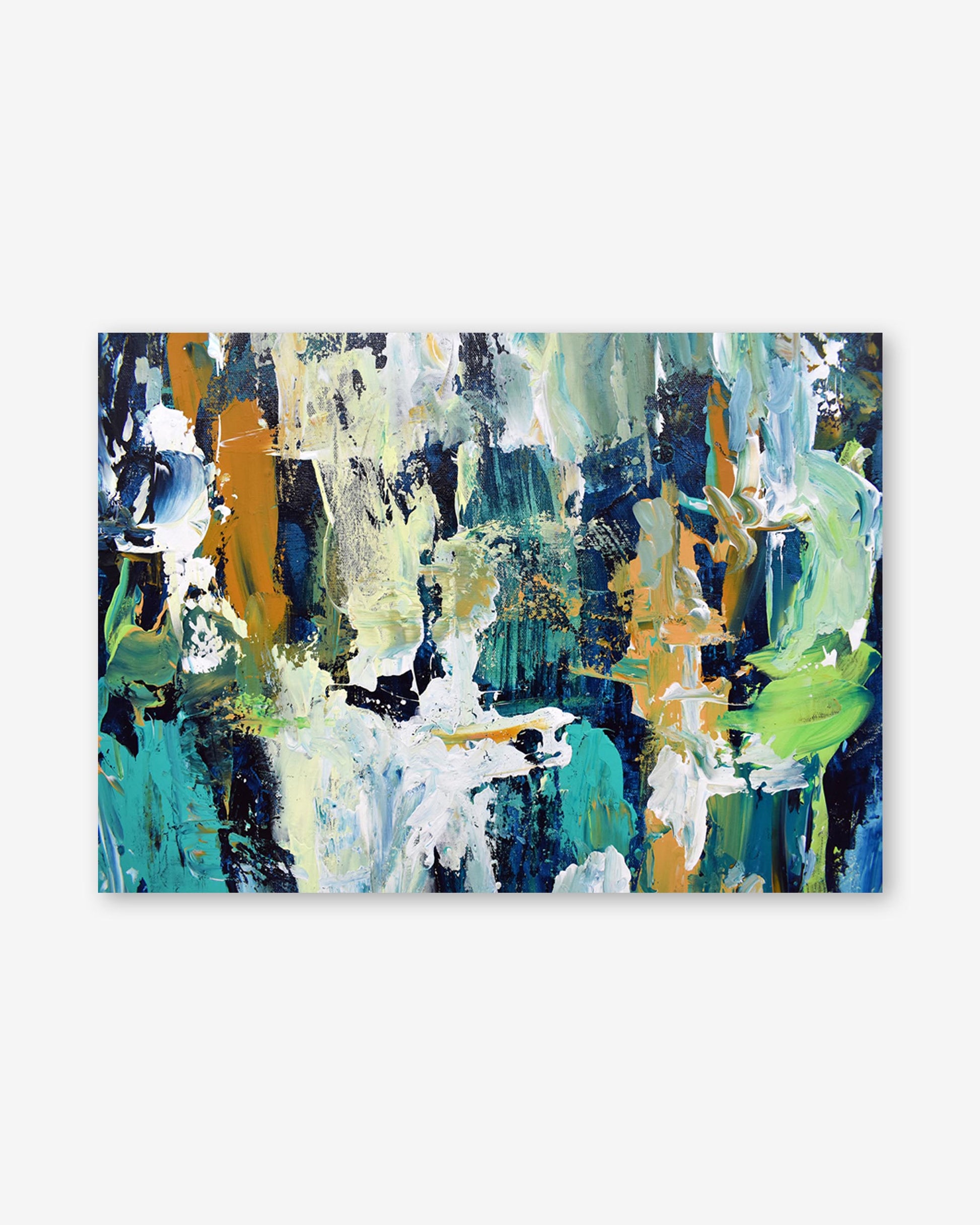 Abstract art print with blue, green, and orange colors on a white background