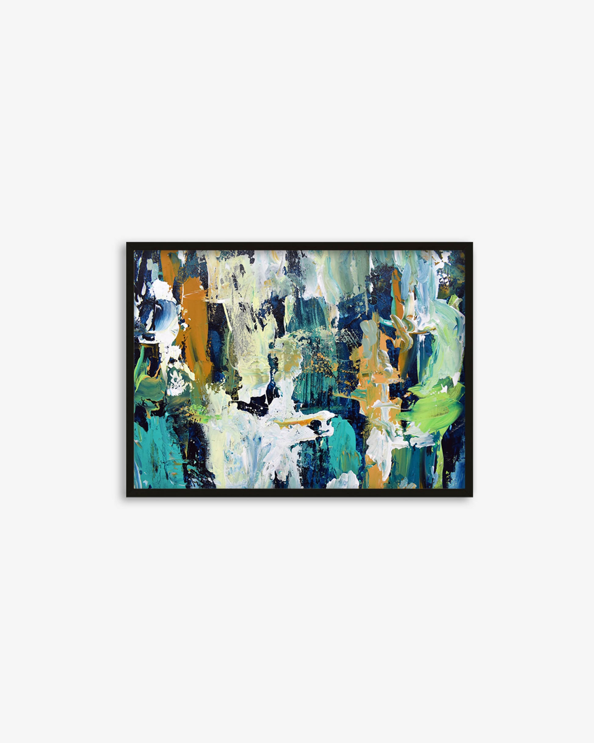 Framed abstract painting with colorful brush strokes on a white background