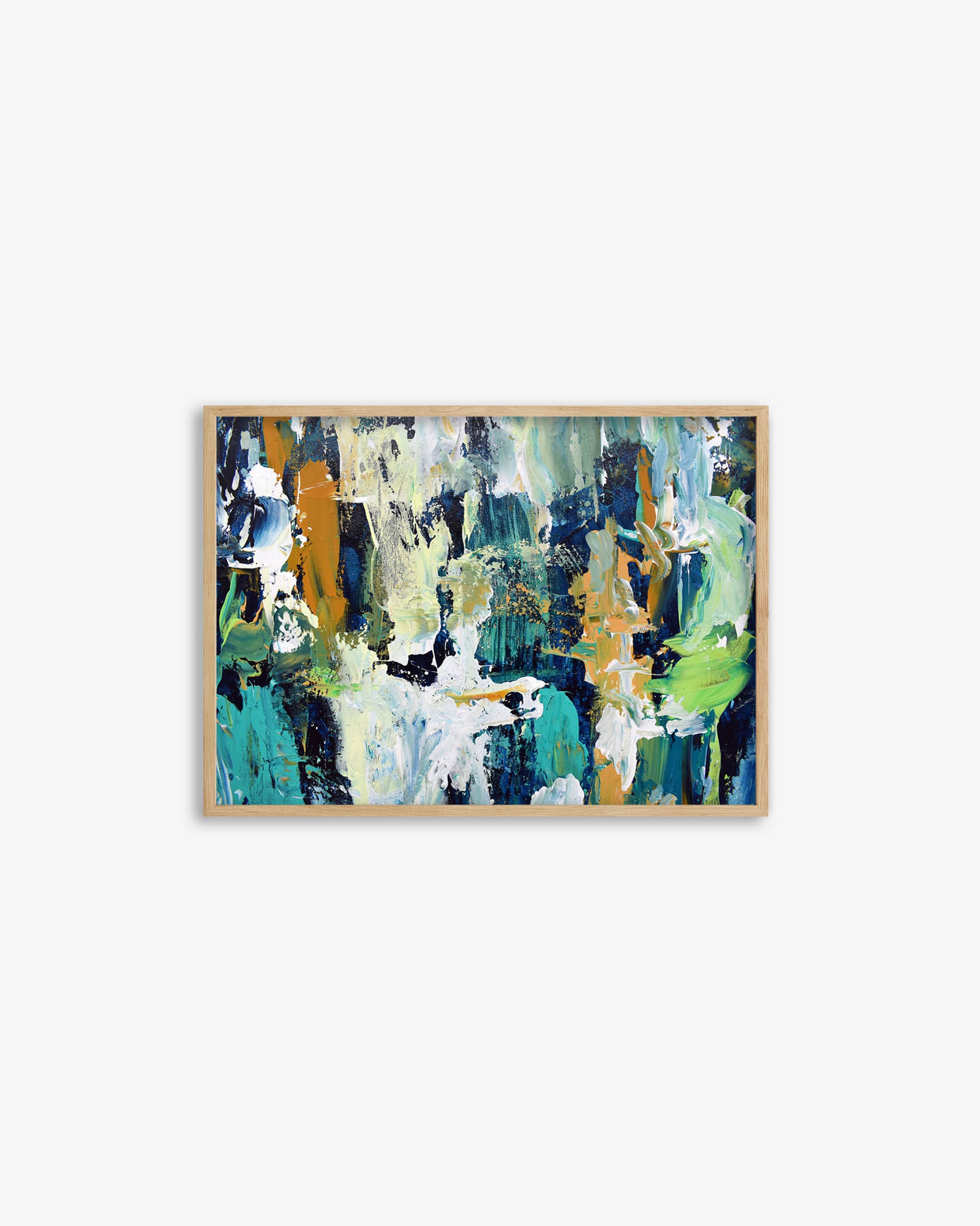 Framed abstract painting with colorful brush strokes on a white background