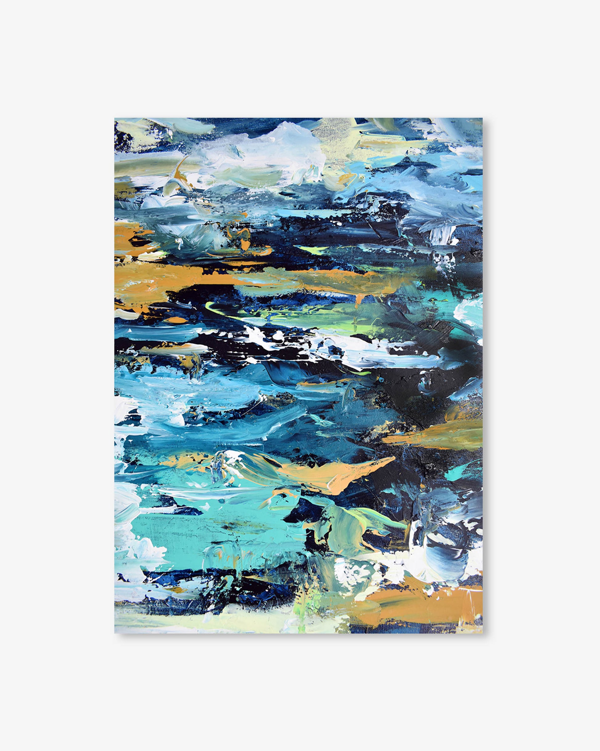 Abstract painting with blue, green, and orange colors on a white background
