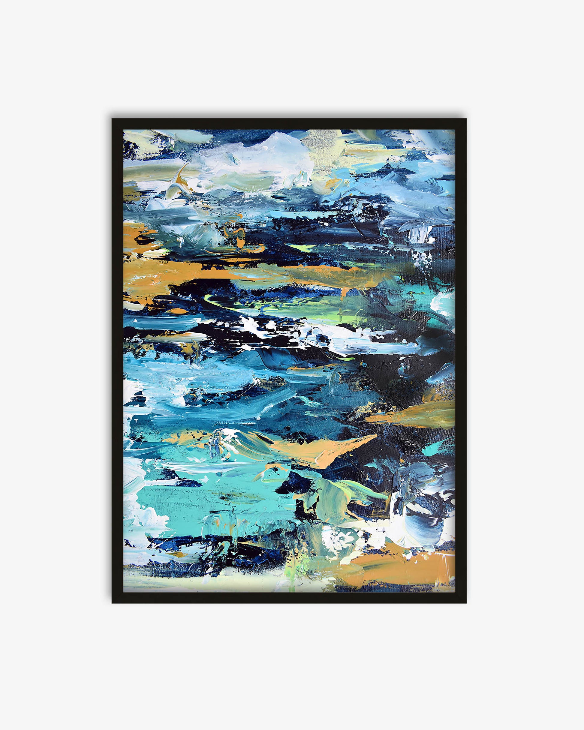 Abstract painting with blue, yellow, and black colors in a black frame on a white background